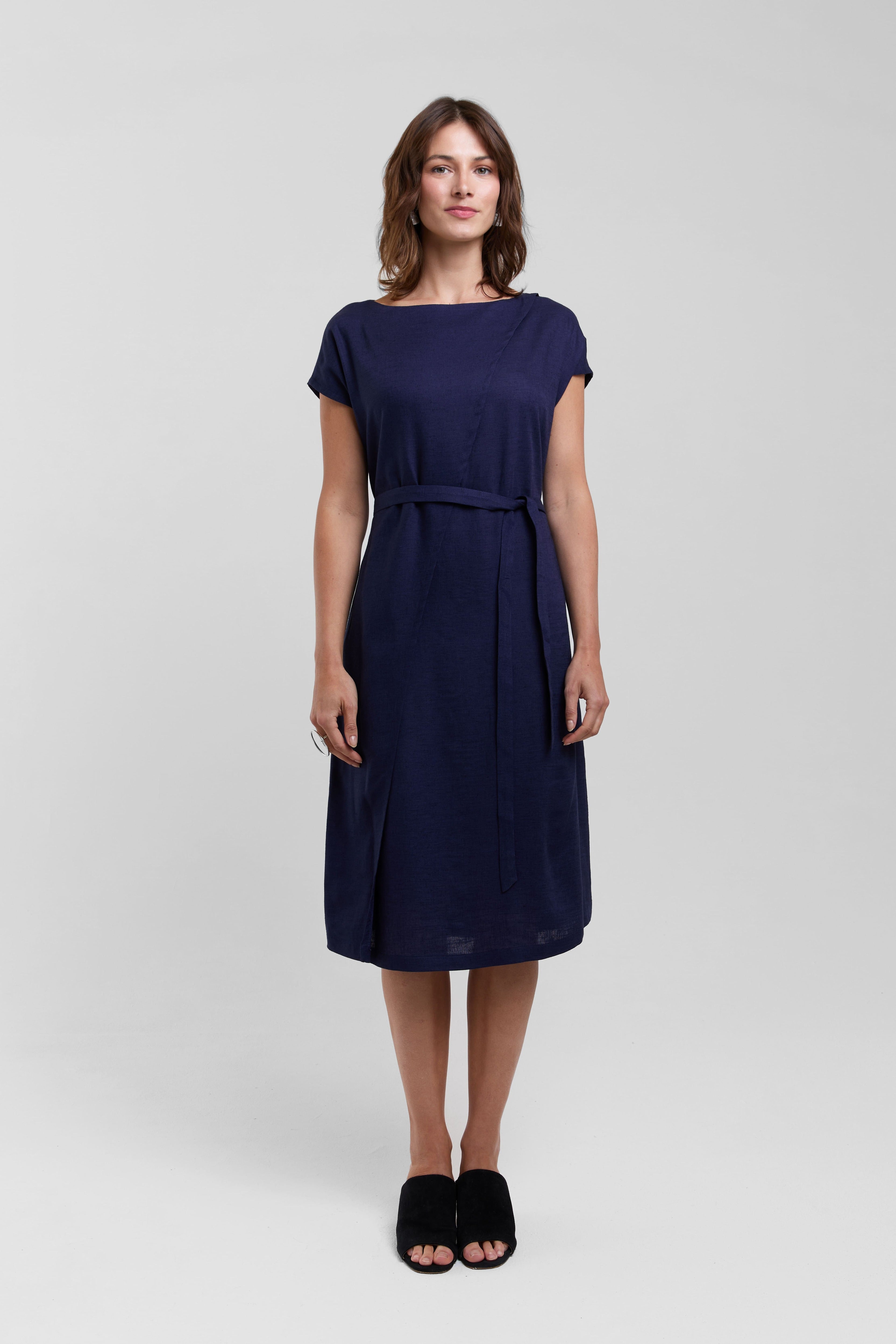 Julia | Elegant Midi Dress with Waist Belts in Dark Blue