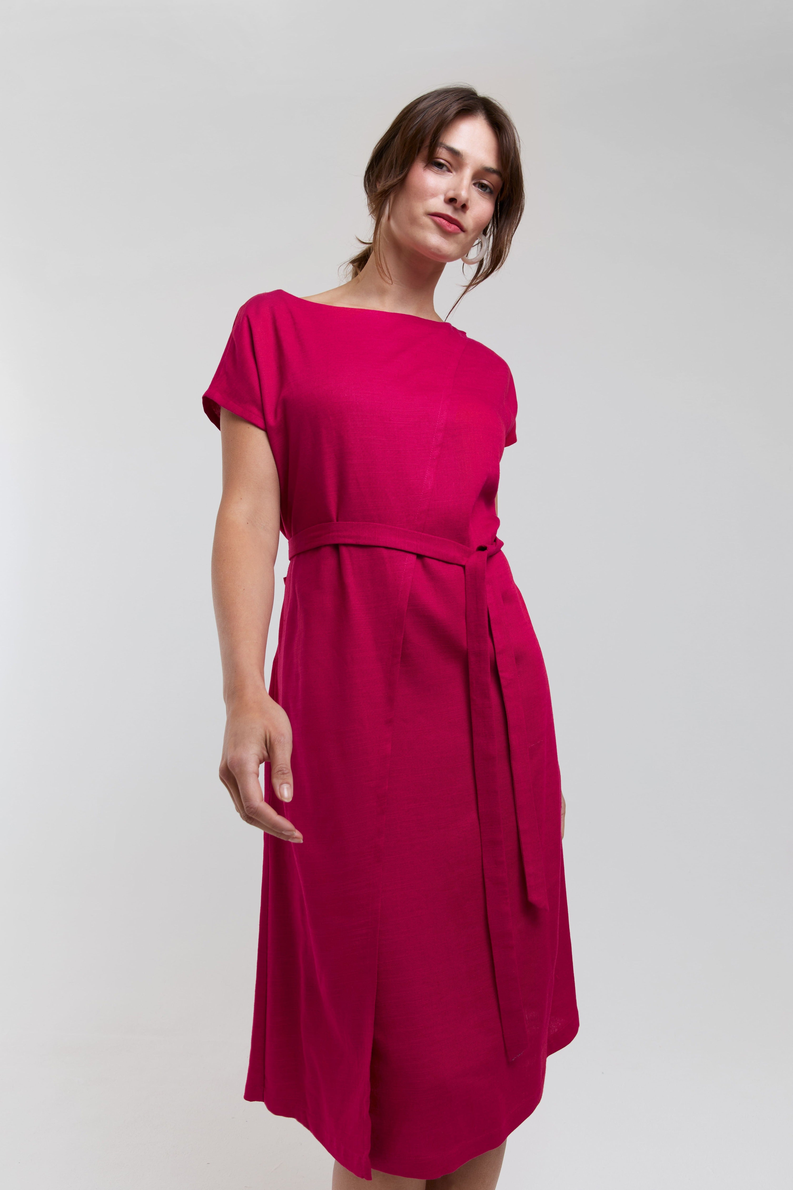 Julia | Elegant Midi Dress with Waist Belts in Cherry Red