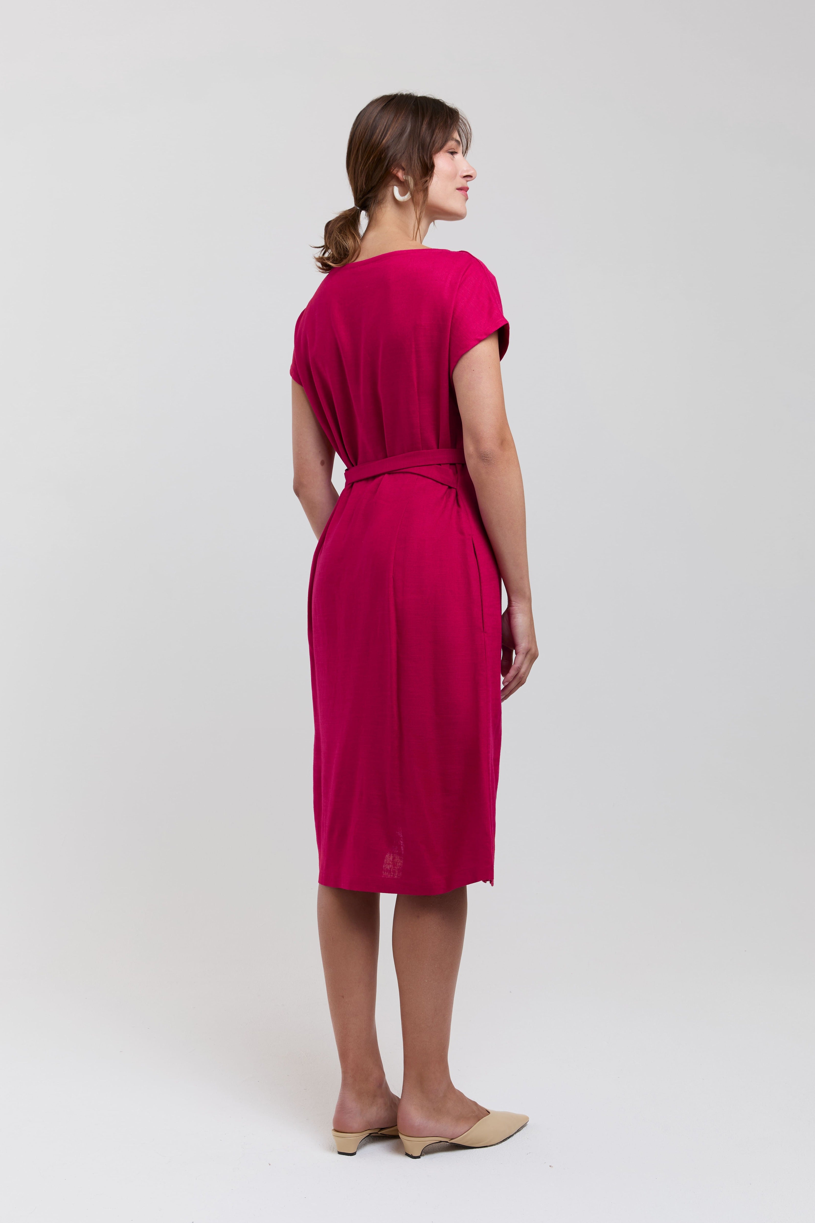 Julia | Elegant Midi Dress with Waist Belts in Cherry Red