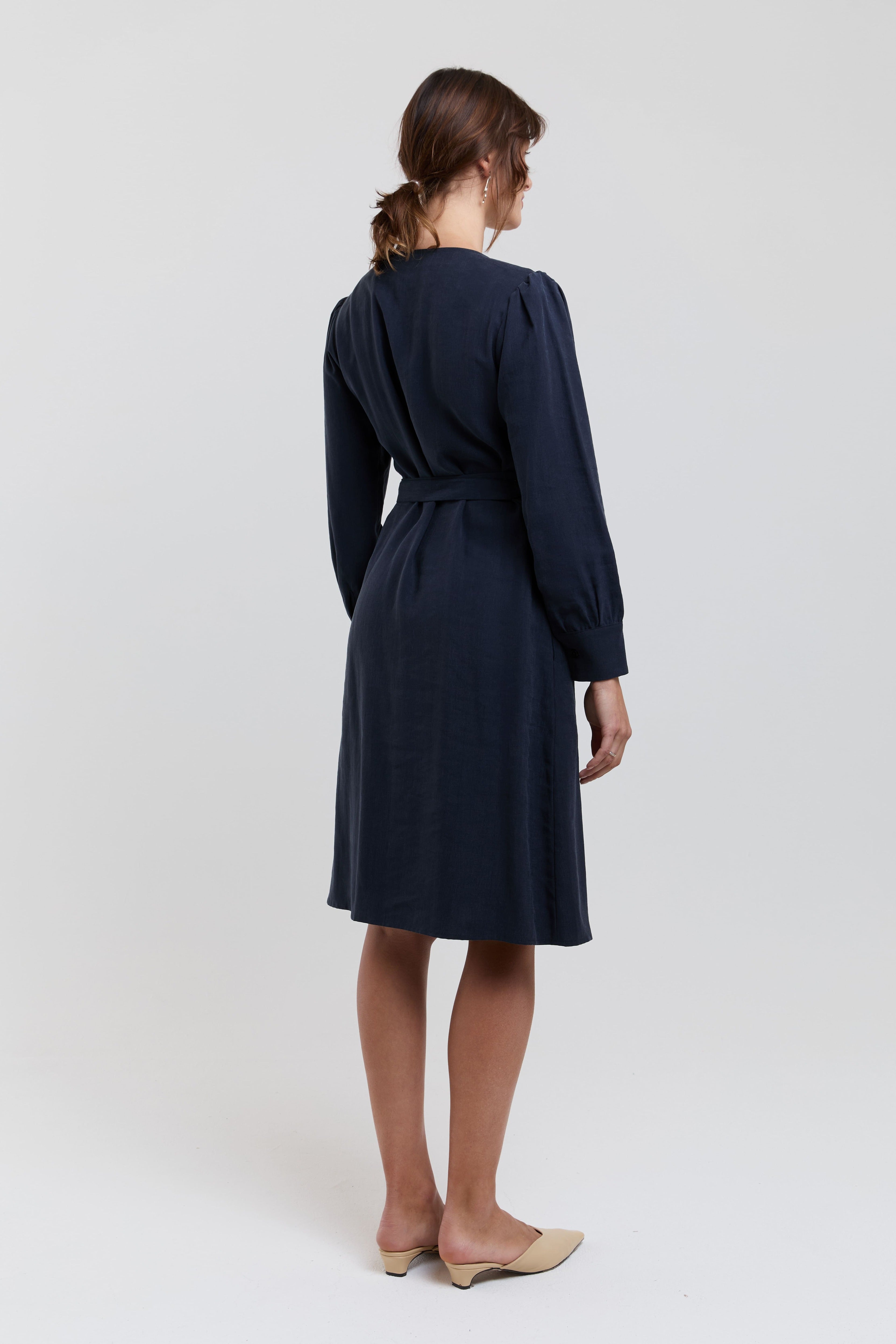Sophie | Classy Wrap Dress with Puff Sleeves and Tie Waist in Dark Blue
