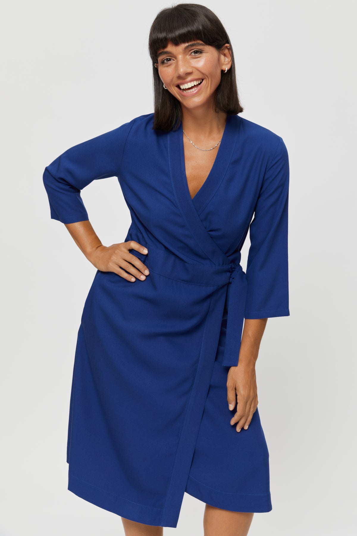 Wrap Dress SANDRA, Midi Long Sleeve Wrap Dress in Blue - AYANI