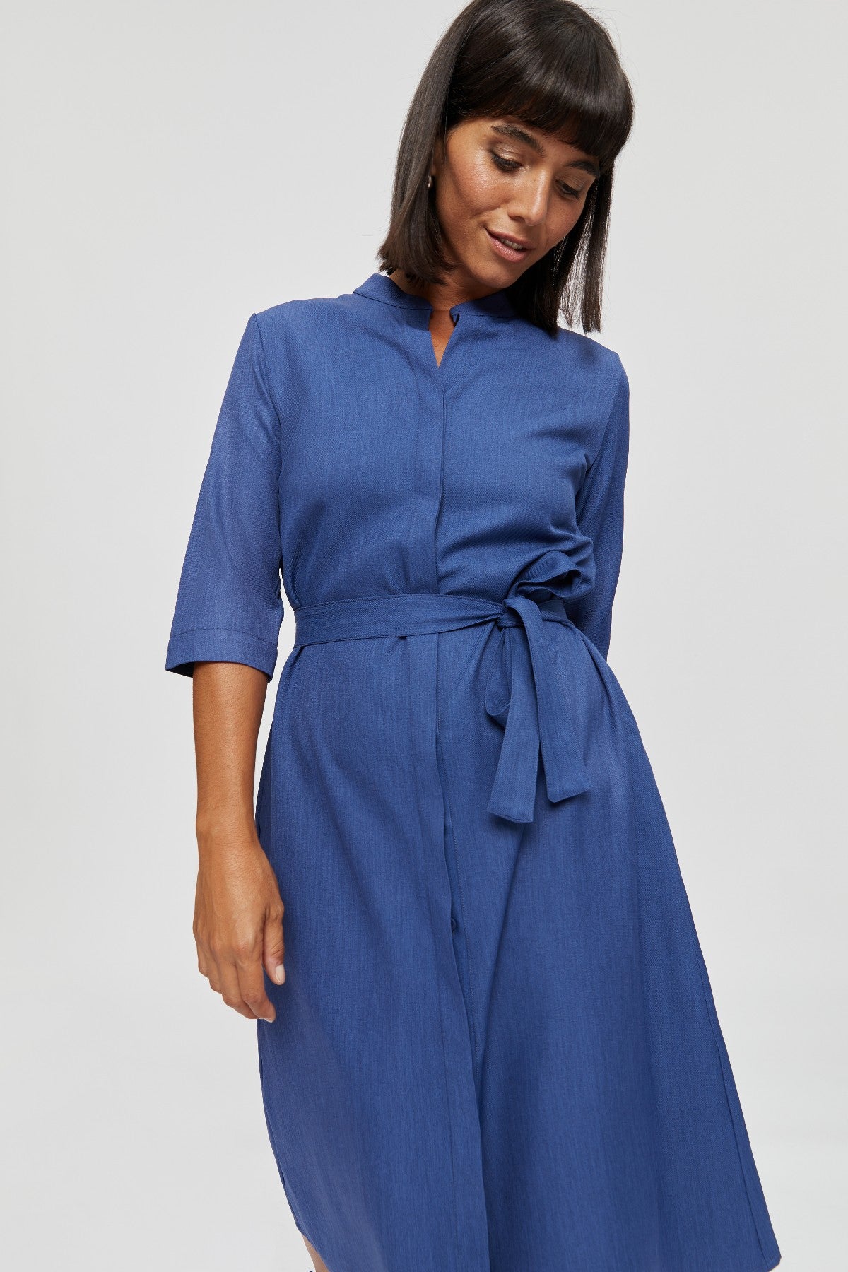 Navy Blue Shirtdress LIDIA. Midi Shirt Dress Cocktail and Line Dress · Knee Length with Pockets and 3/4 Sleeves - AYANI