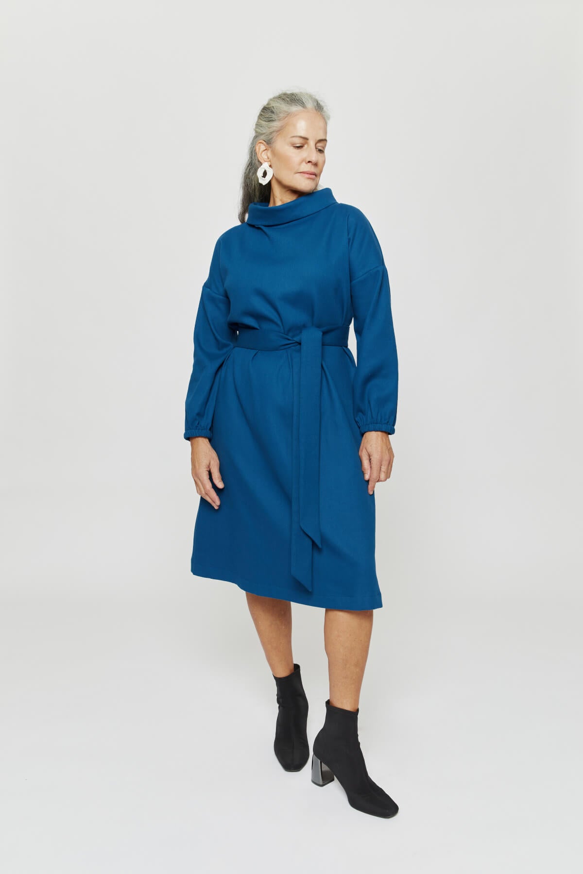 Amalia | Midi Winter Dress with High Rounded Neckline in Petrol-Blue