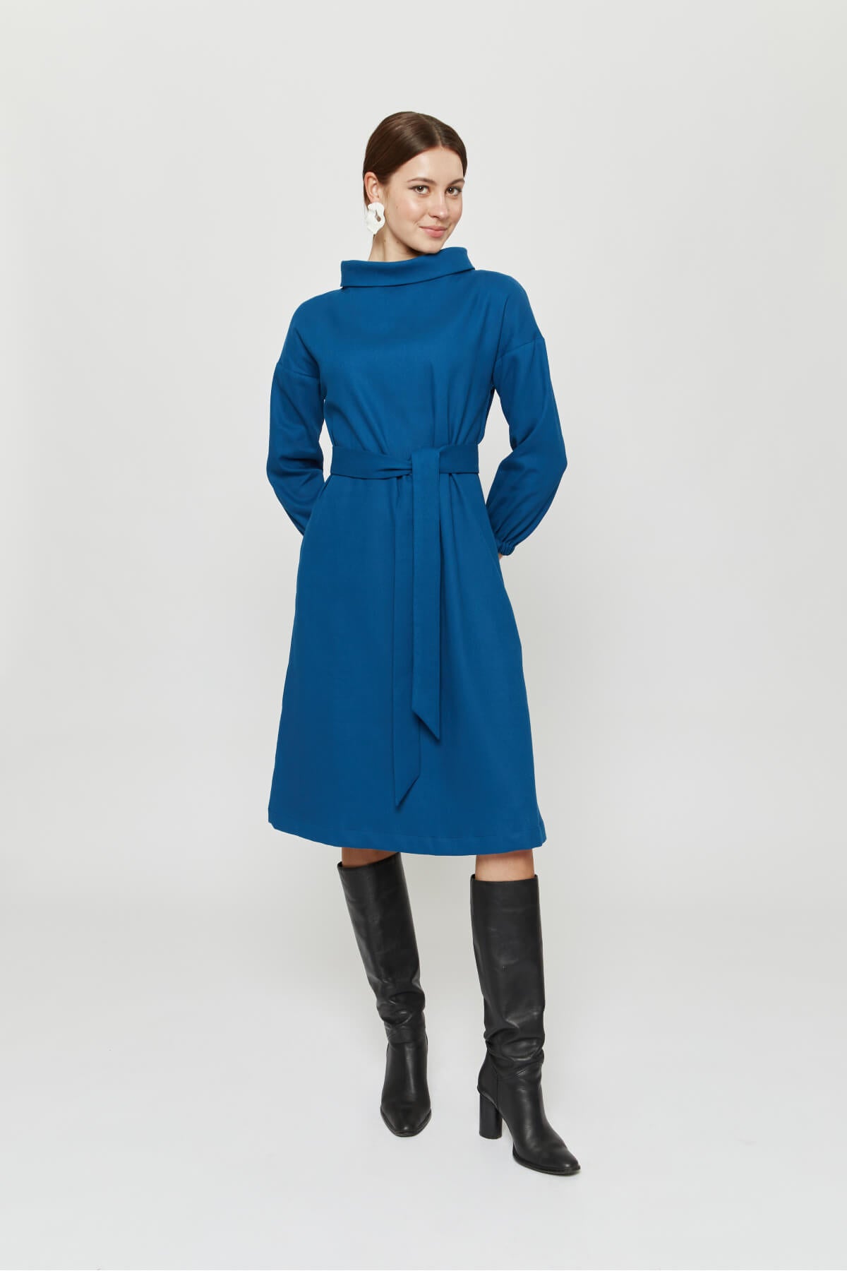 Amalia | Midi Winter Dress with High Rounded Neckline in Petrol-Blue