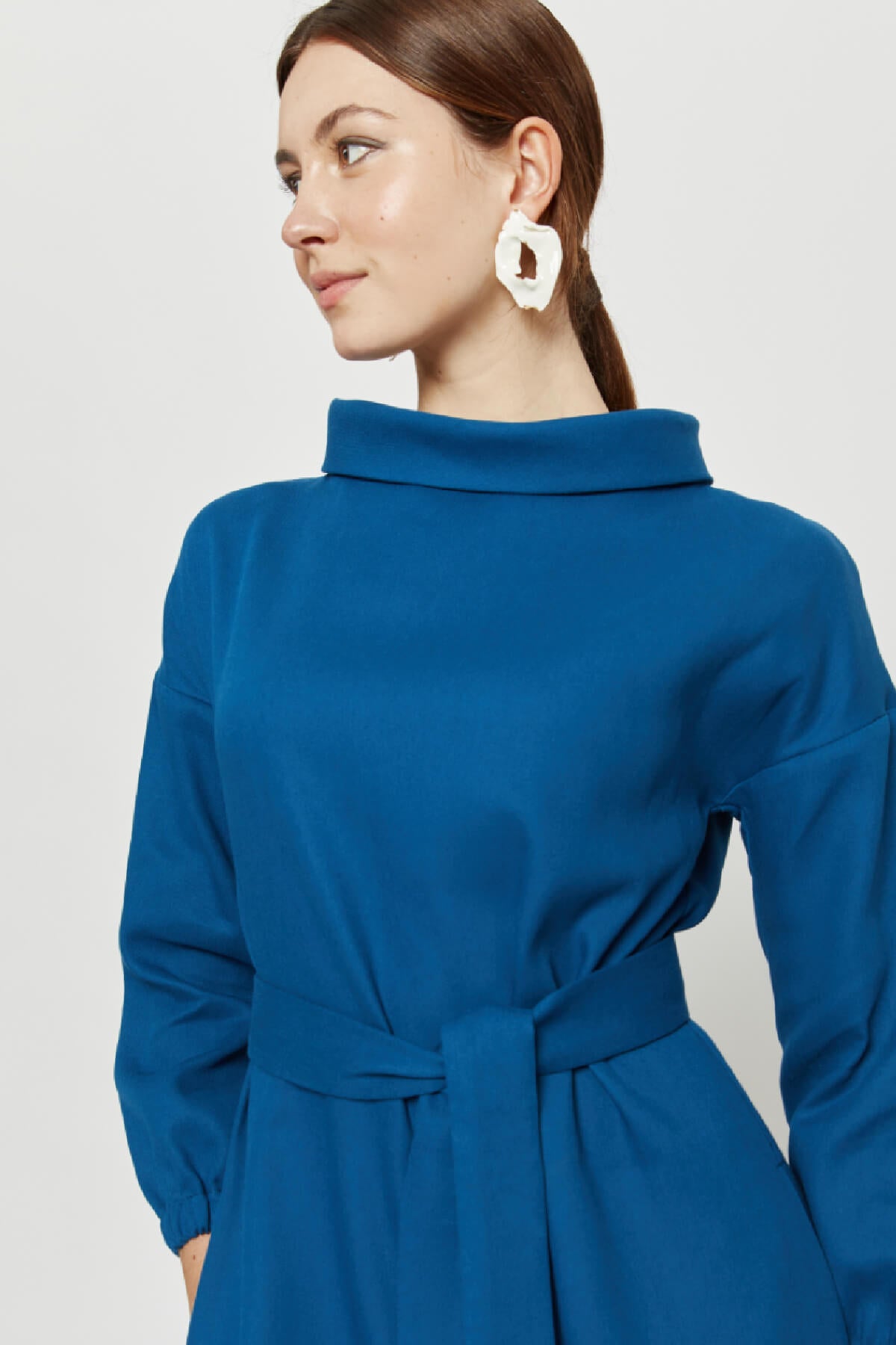 Amalia | Midi Winter Dress with High Rounded Neckline in Petrol-Blue