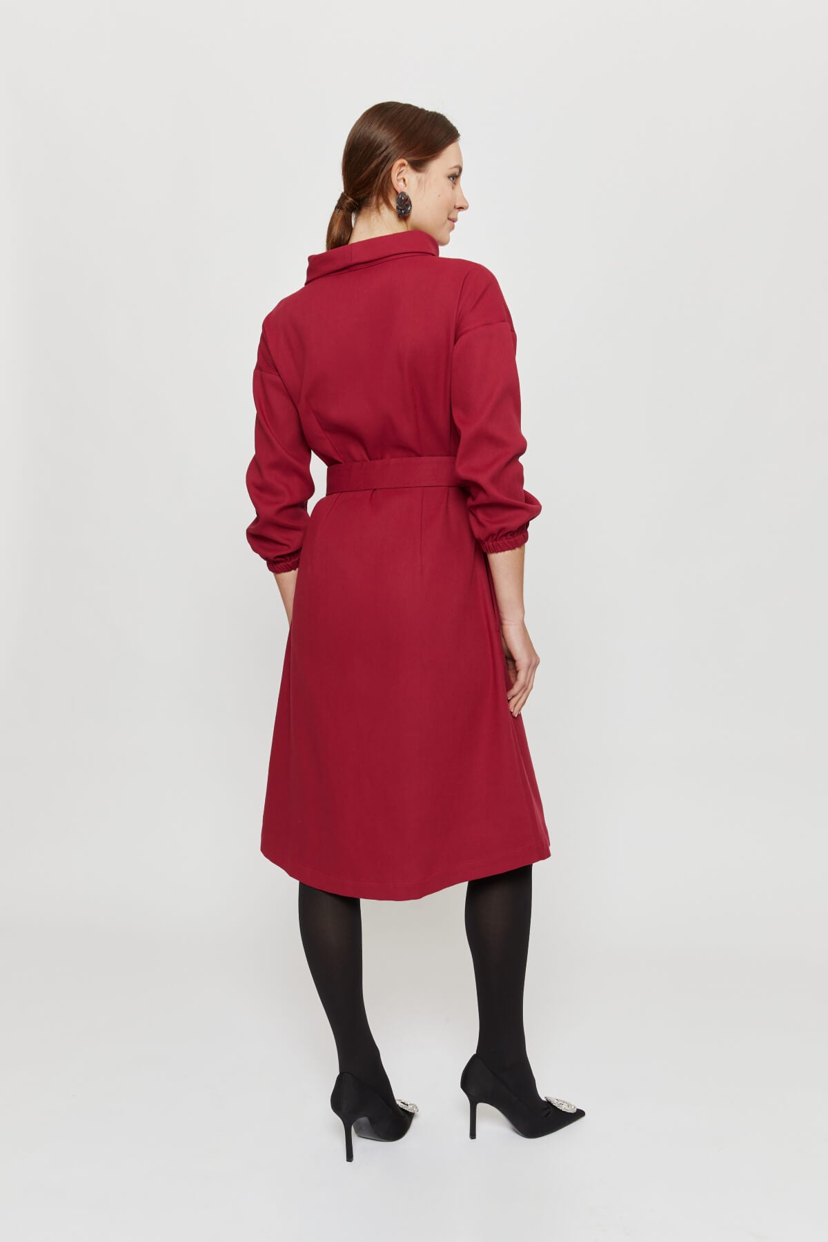 Amalia | Midi Winter Dress with High Rounded Neckline in Red-Bordo