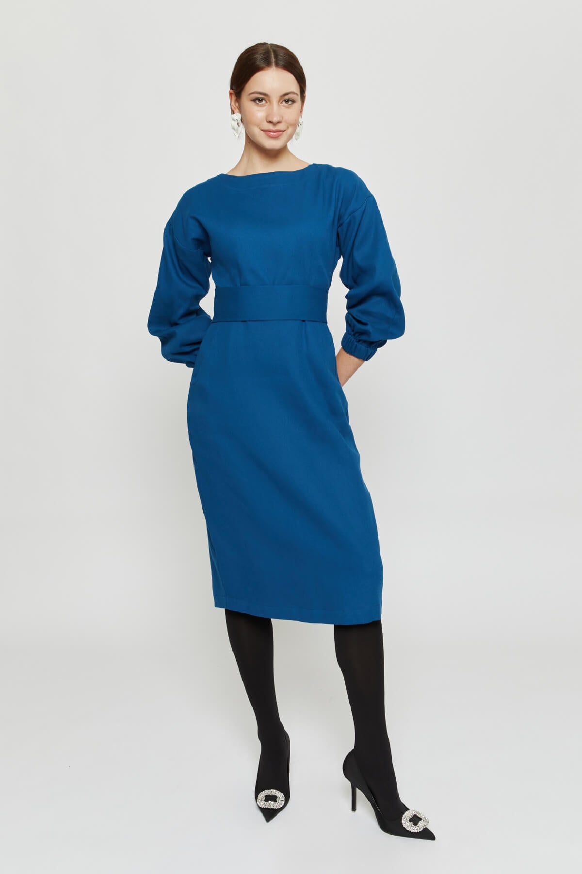 Stefanie | Winter Dress with Kimono Belt in Petrol-Blue