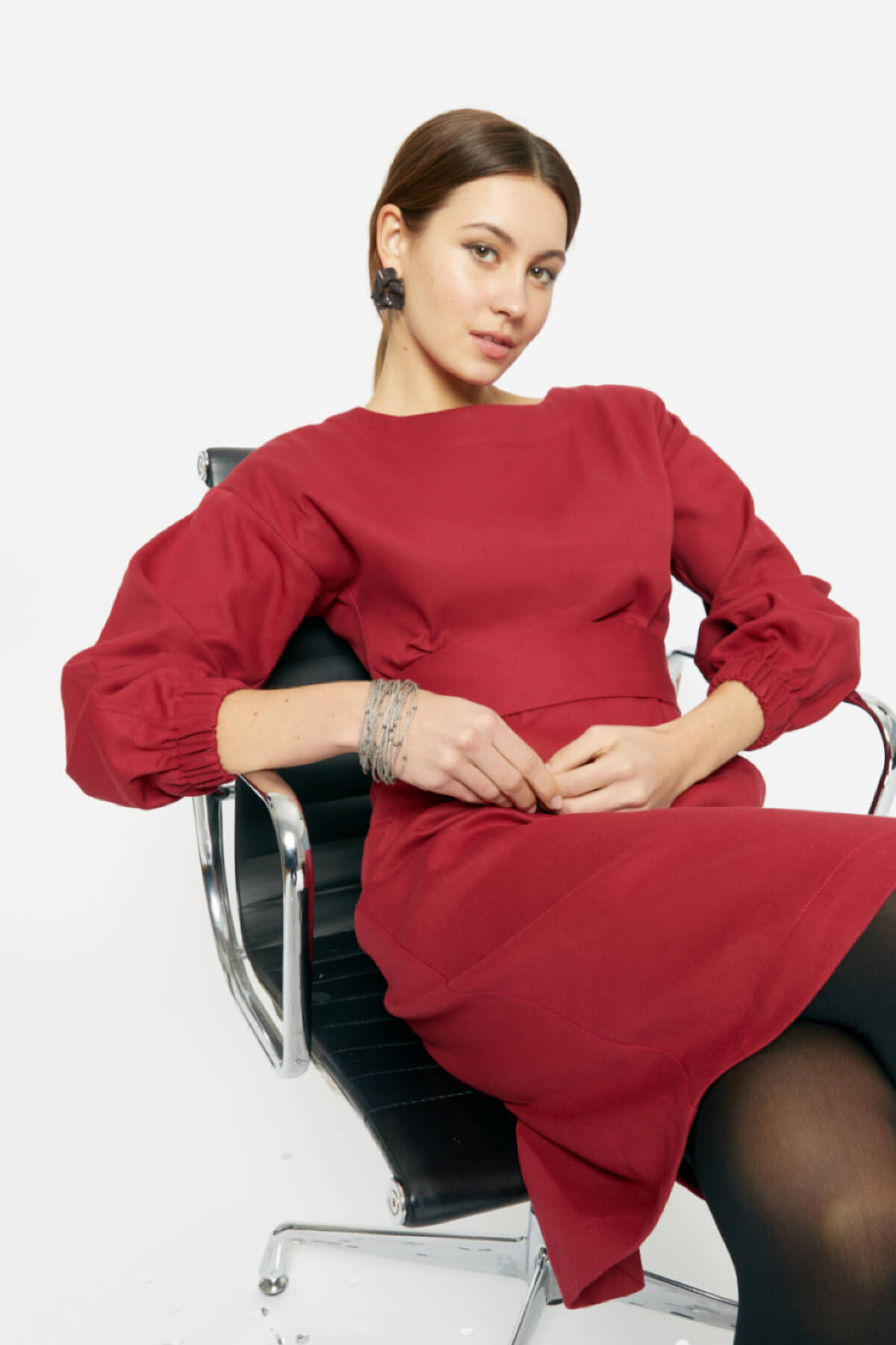 Stefanie | Winter Dress with Kimono Belt in Red-Bordo