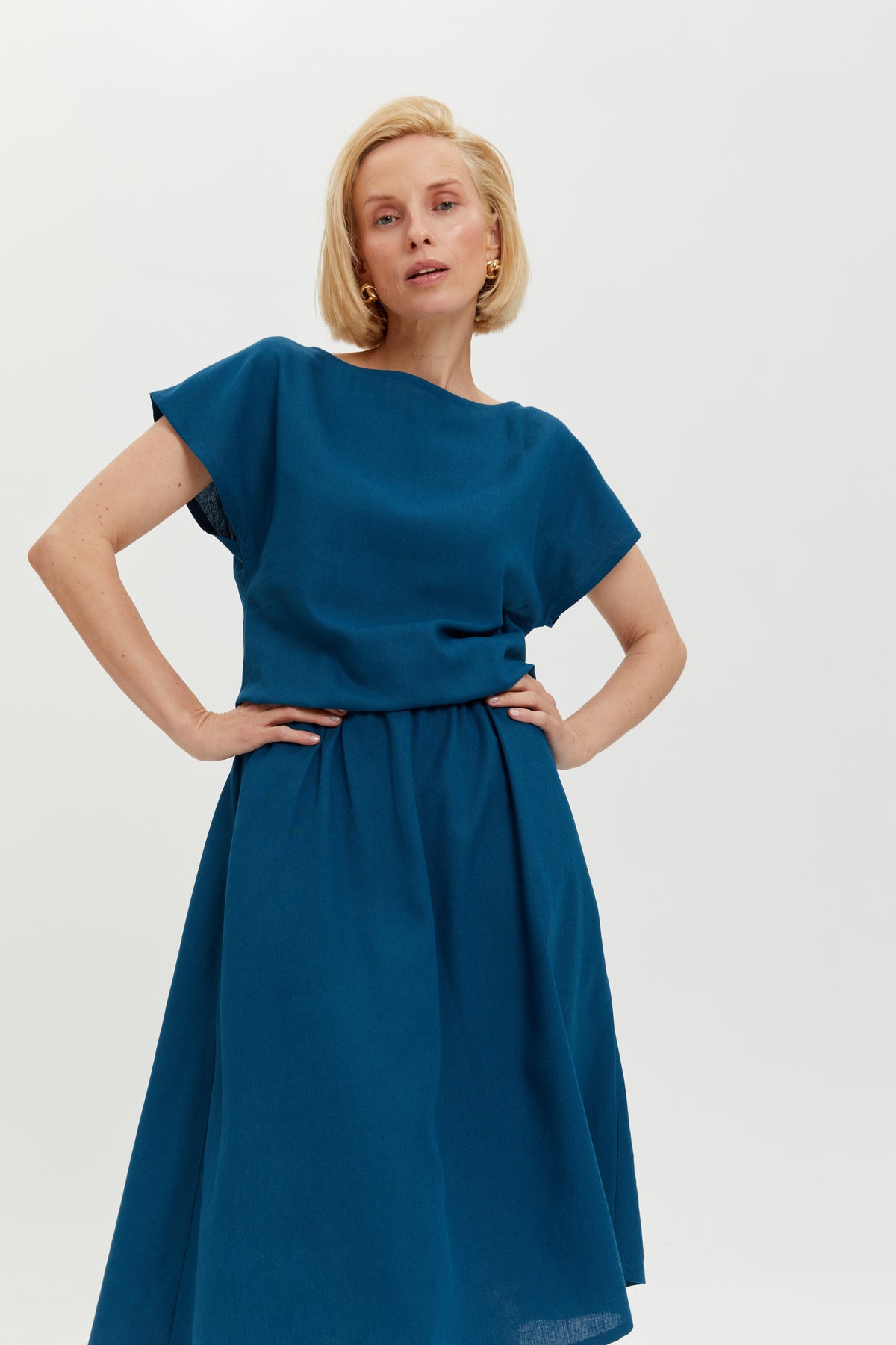 Nane | Linen Dress with Short Sleeves in Petrol-Blue