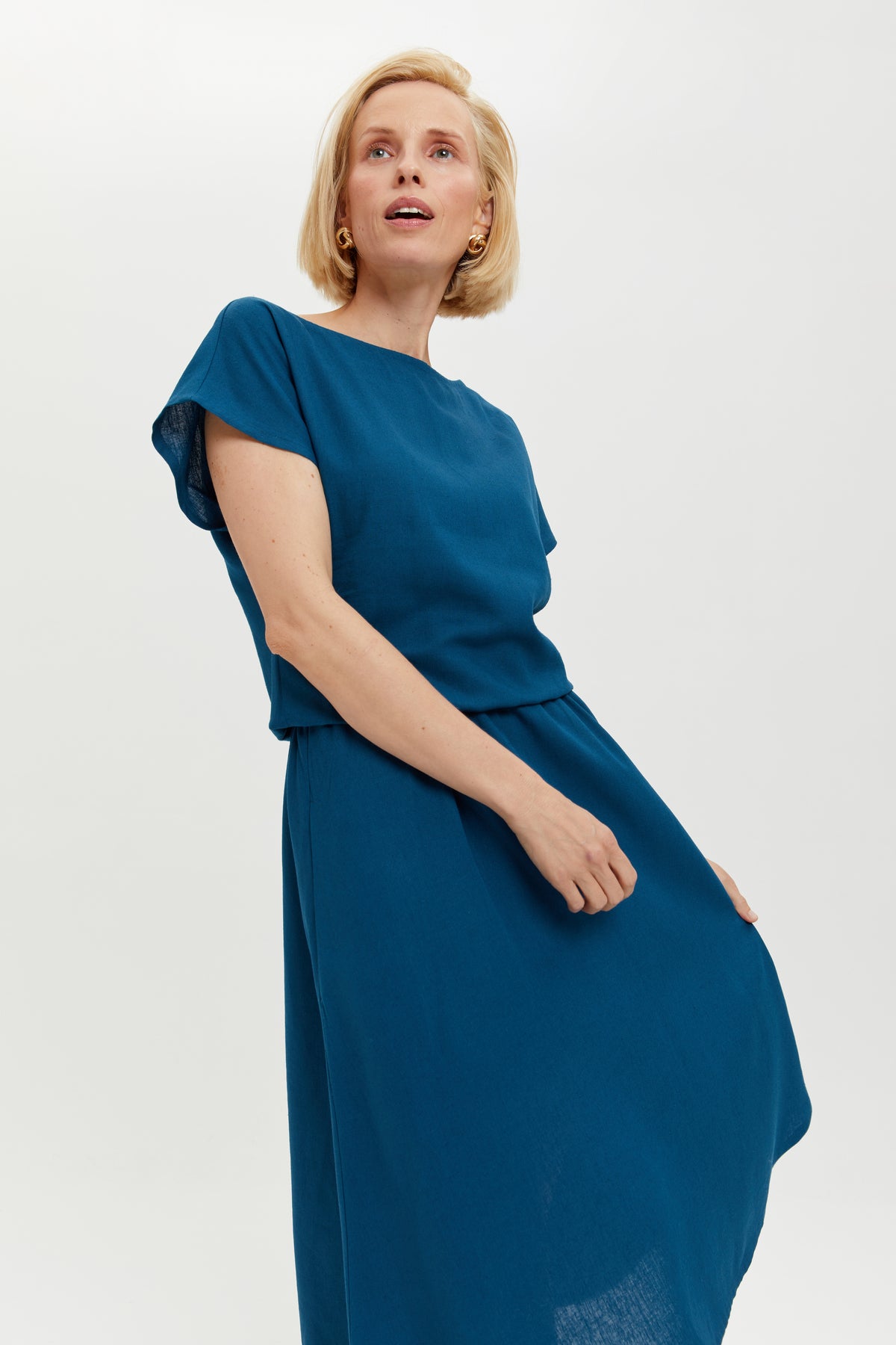 Nane | Linen Dress with Short Sleeves in Petrol-Blue