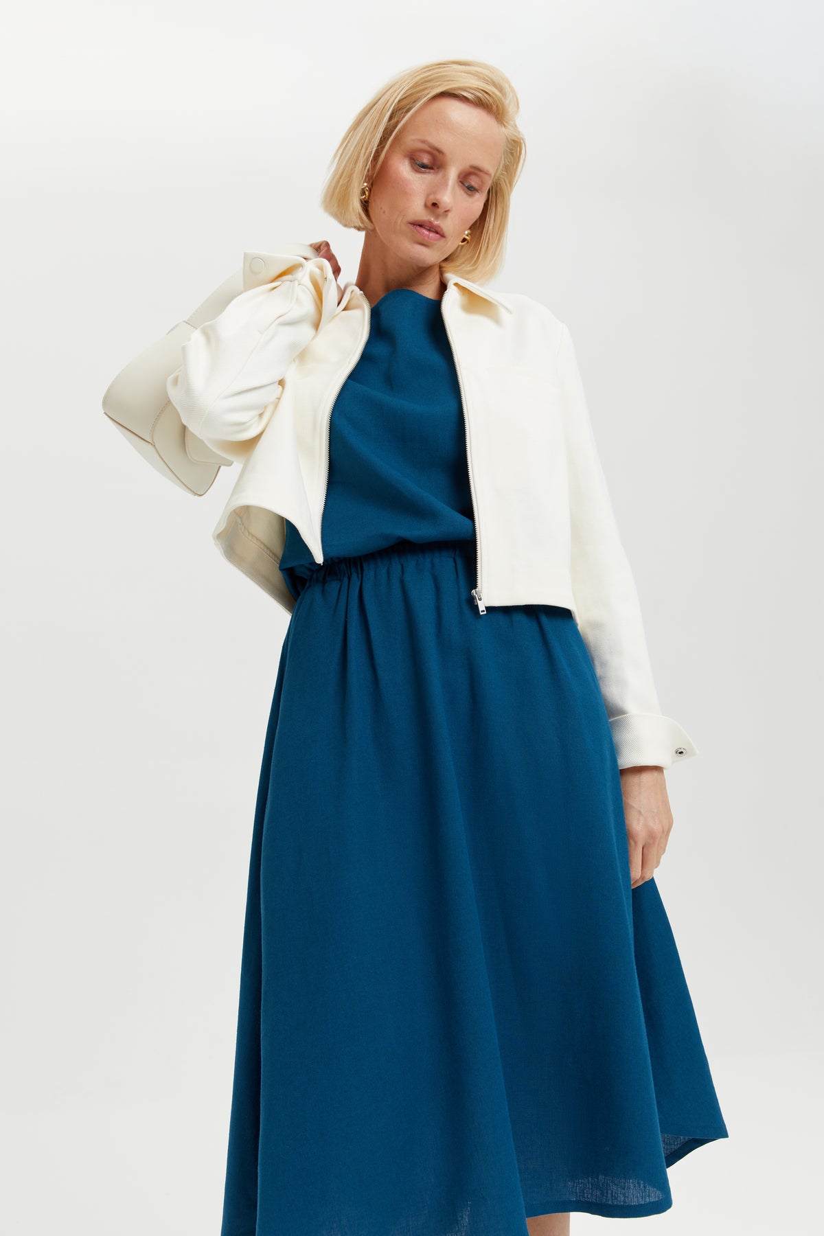 Nane | Linen Dress with Short Sleeves in Petrol-Blue