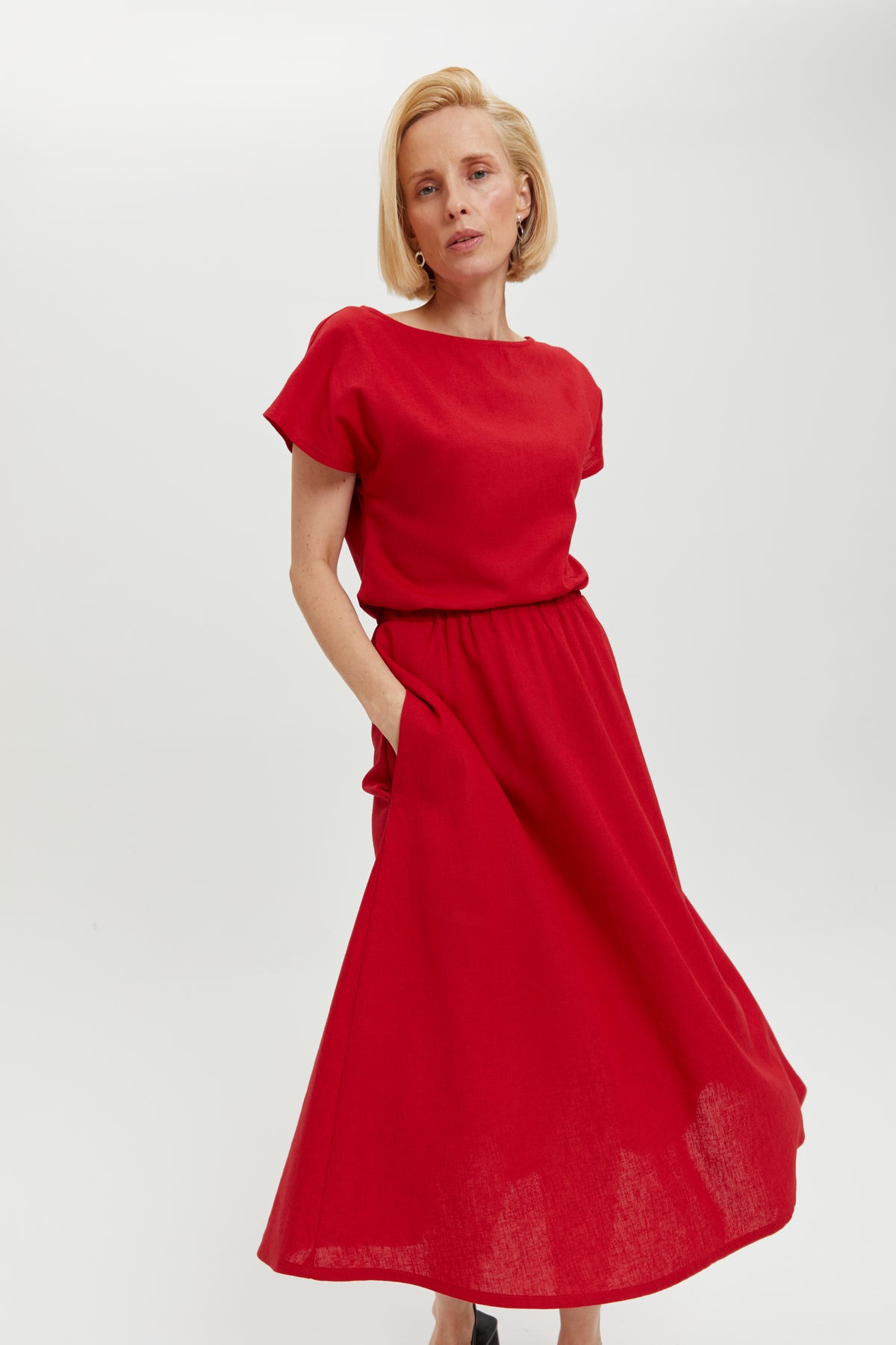 Midi Dress NANE, Summer Linen Short Sleeve Dress in Red - AYANI Midi Dress NANE, Summer Linen Short Sleeve Dress in Red - AYANI