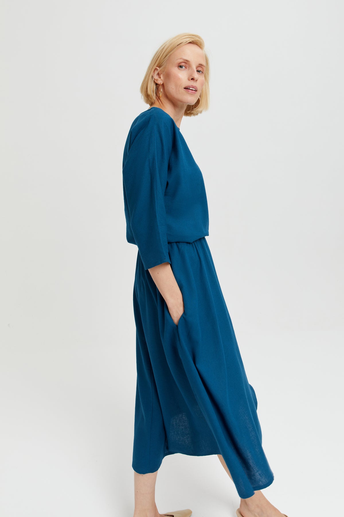Midi Dress NANE, Summer Linen Long Sleeve Dress in Petrol-Blue - AYANI Midi Dress NANE, Summer Linen Long Sleeve Dress in Petrol-Blue - AYANI