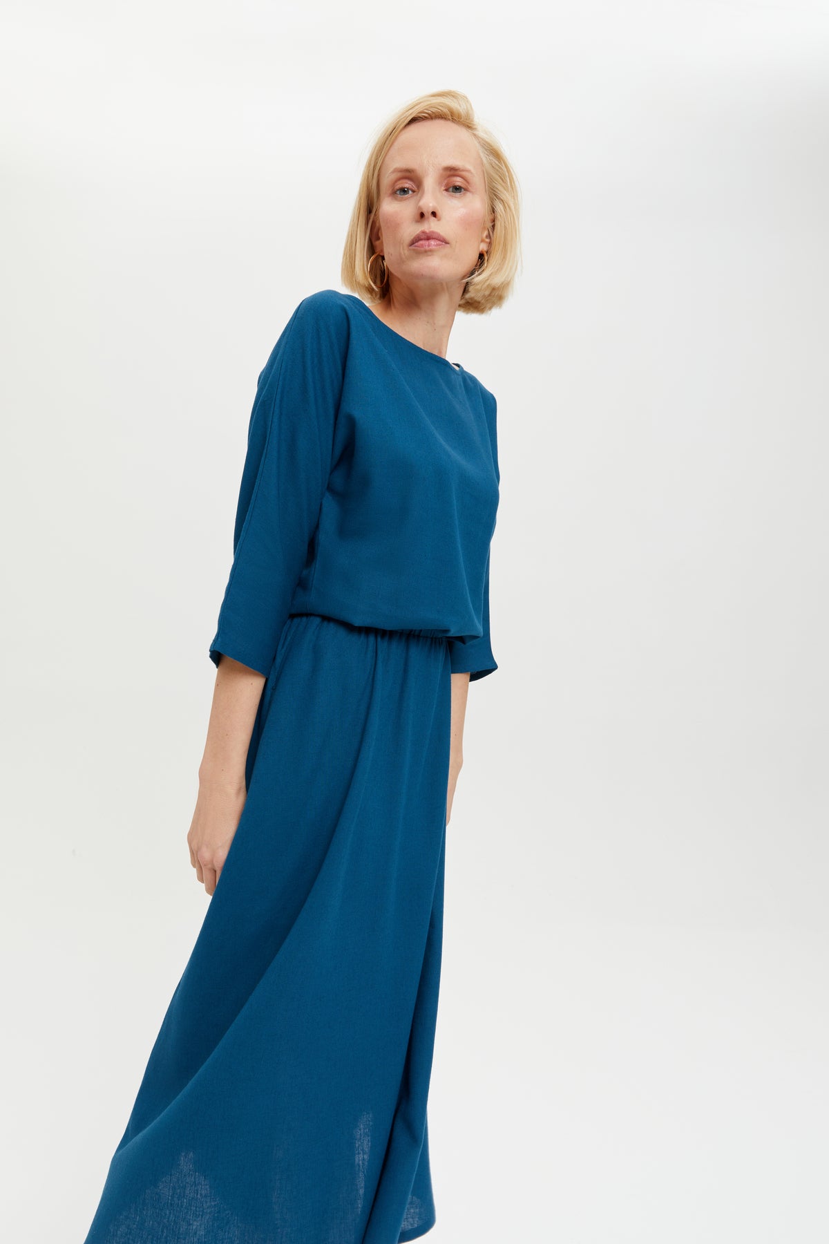 Nane | Linen Dress with 3/4 Sleeves in Petrol-Blue