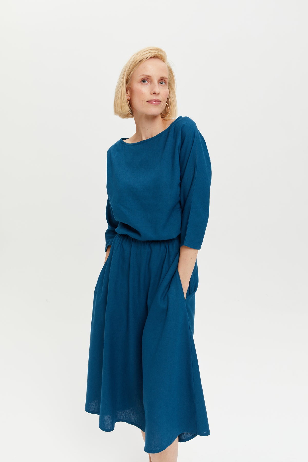 Nane | Linen Dress with 3/4 Sleeves in Petrol-Blue