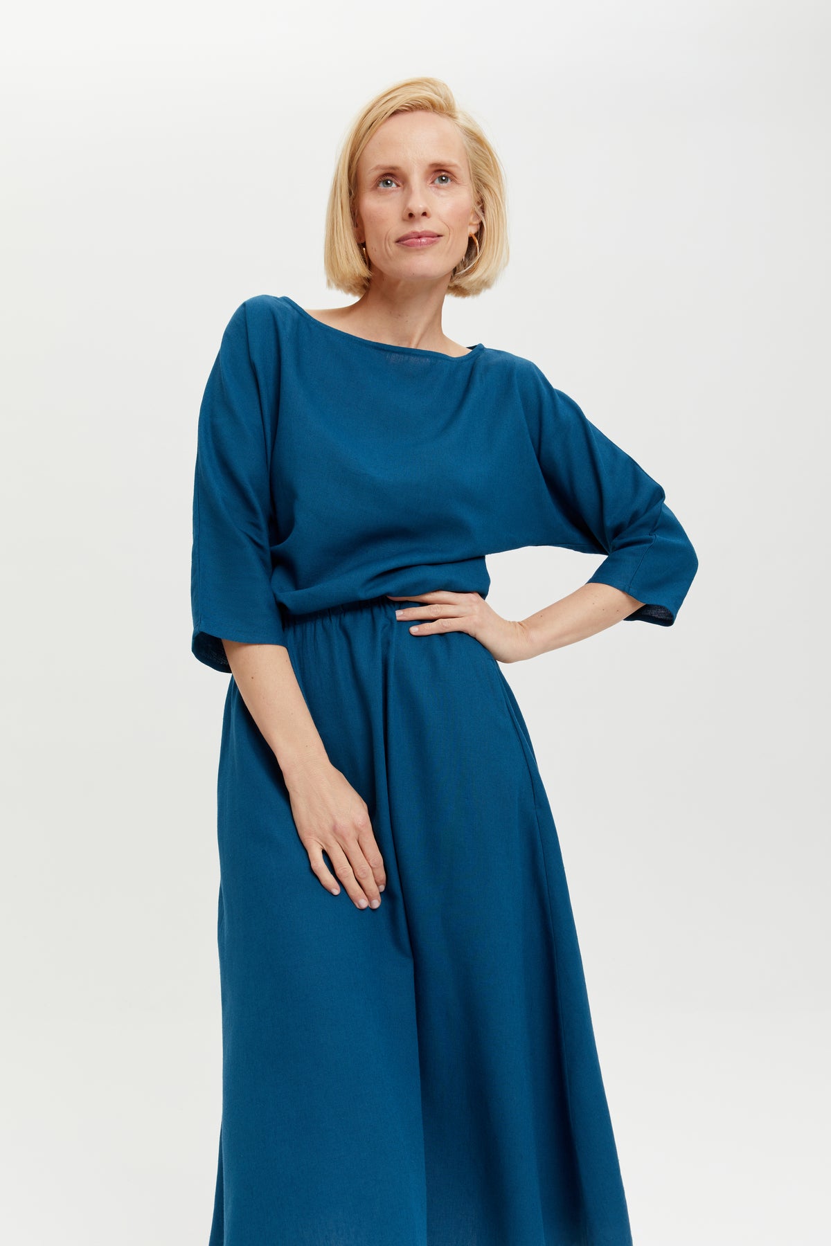 Nane | Linen Dress with 3/4 Sleeves in Petrol-Blue