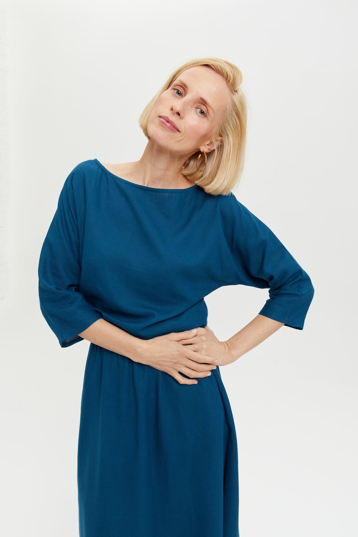 Nane | Linen Dress with 3/4 Sleeves in Petrol-Blue