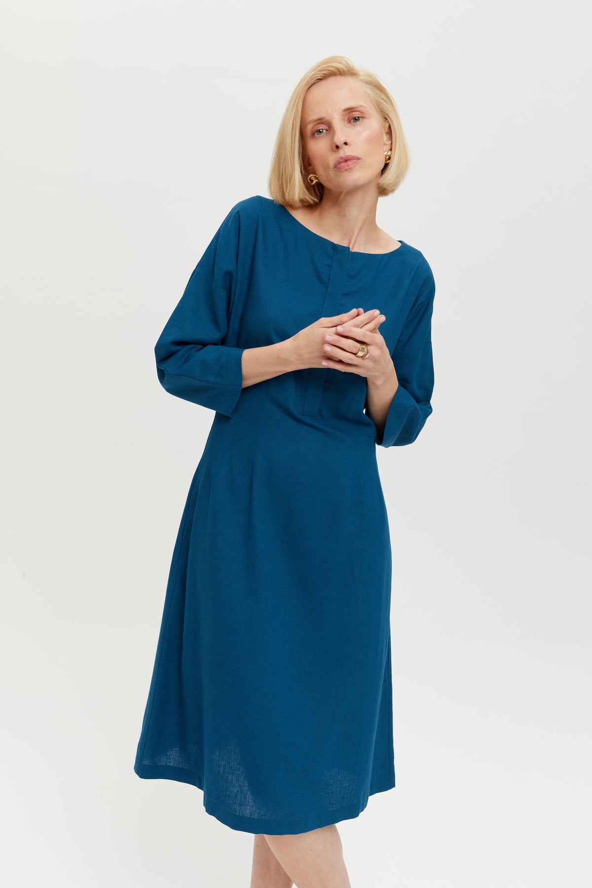 Lusin | Midi Linen Dress with Button-Front in Petrol-Blue