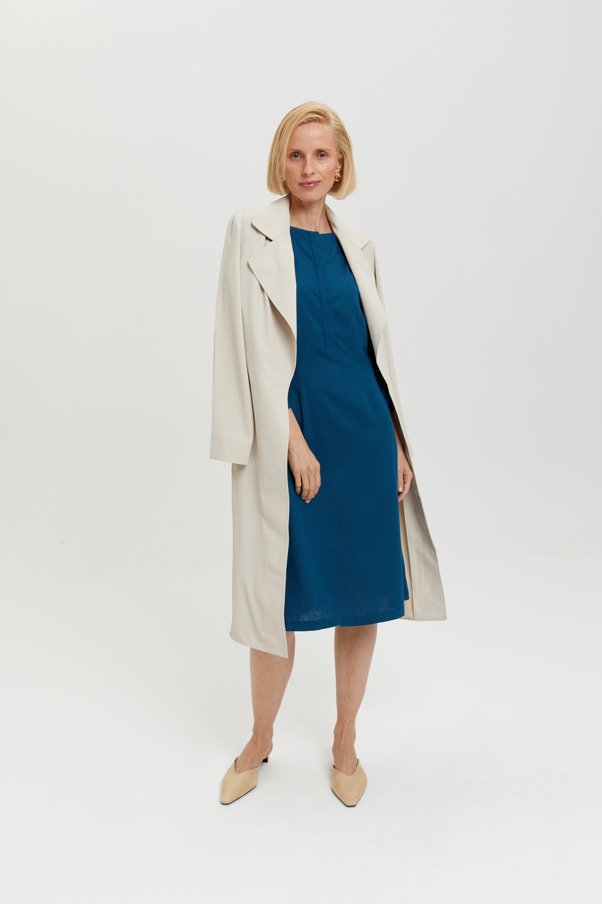 Lusin | Midi Linen Dress with Button-Front in Petrol-Blue