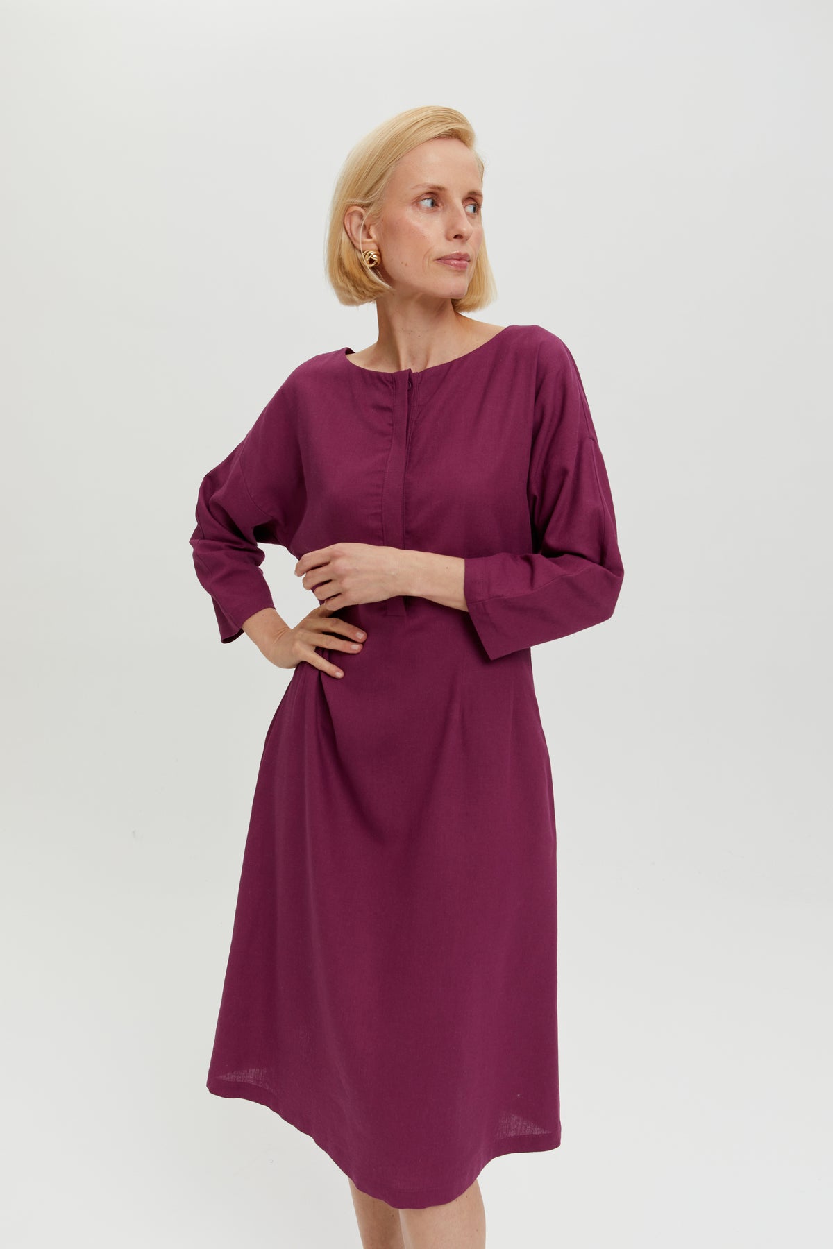 Midi Dress LUSIN, Summer Linen Dress in Purple