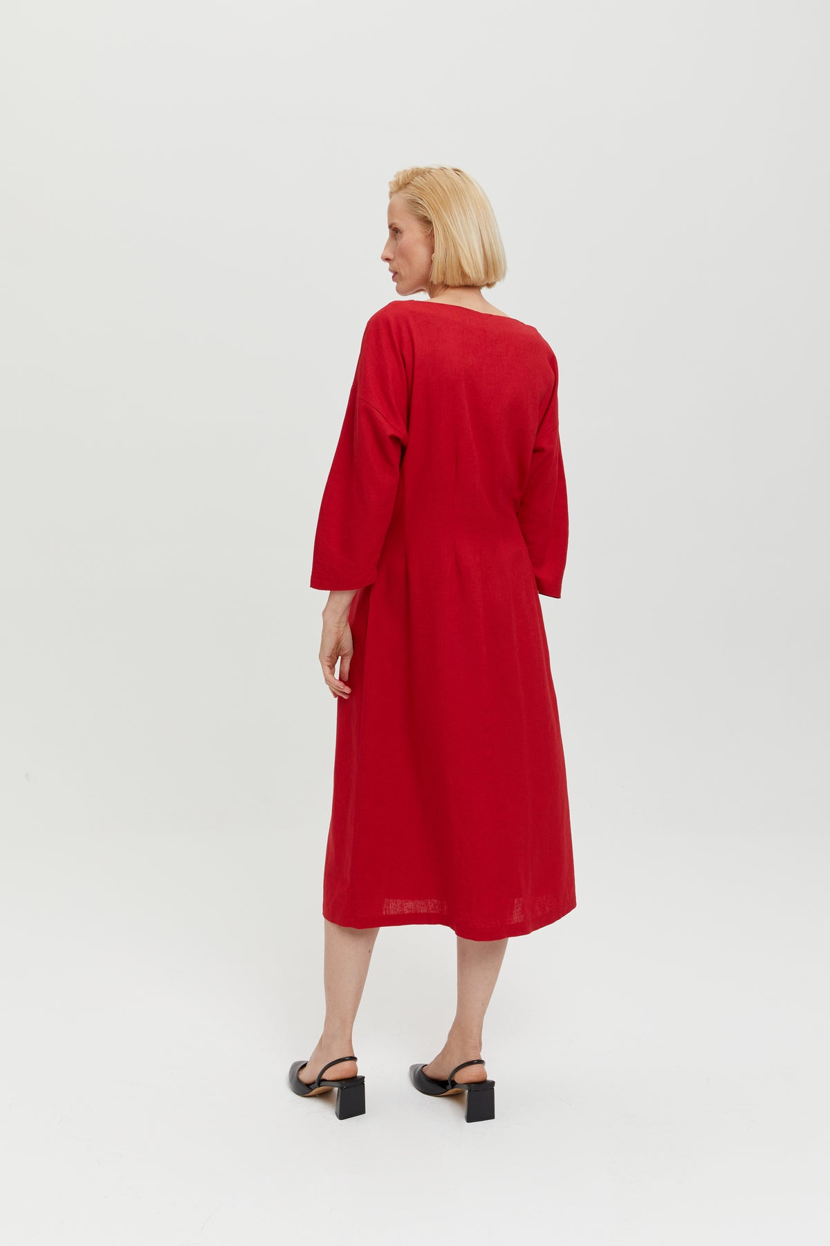 Lusin | Midi-Leinenkleid mit Knopfleiste in Rot