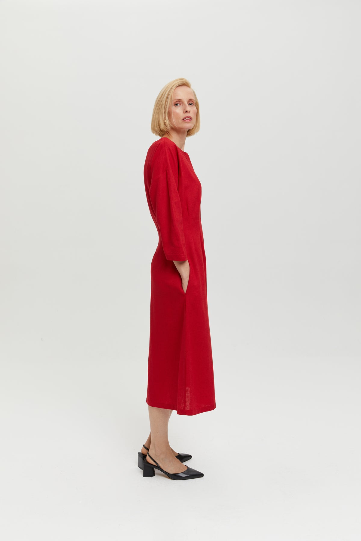 Lusin | Midi-Leinenkleid mit Knopfleiste in Rot