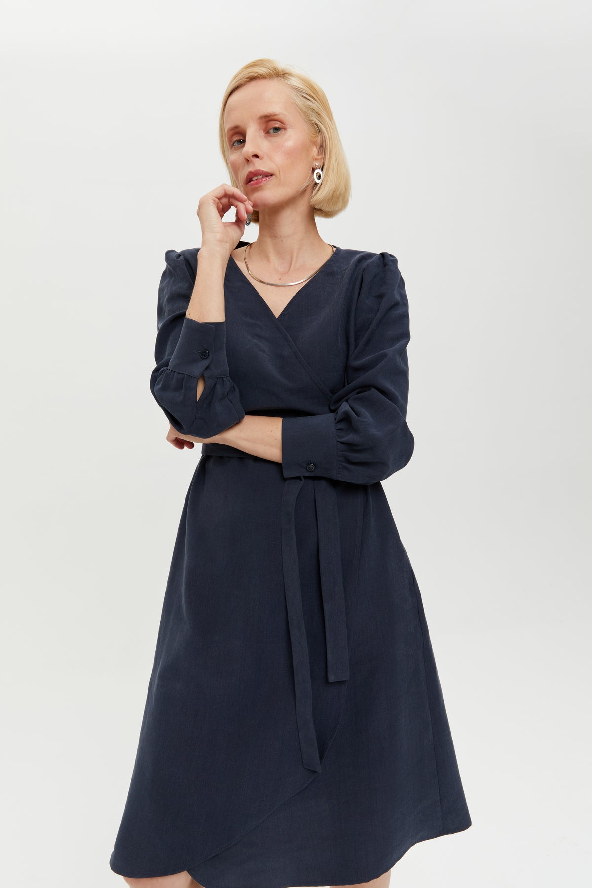 Sophie | Classy Wrap Dress with Puff Sleeves and Tie Waist in Dark Blue