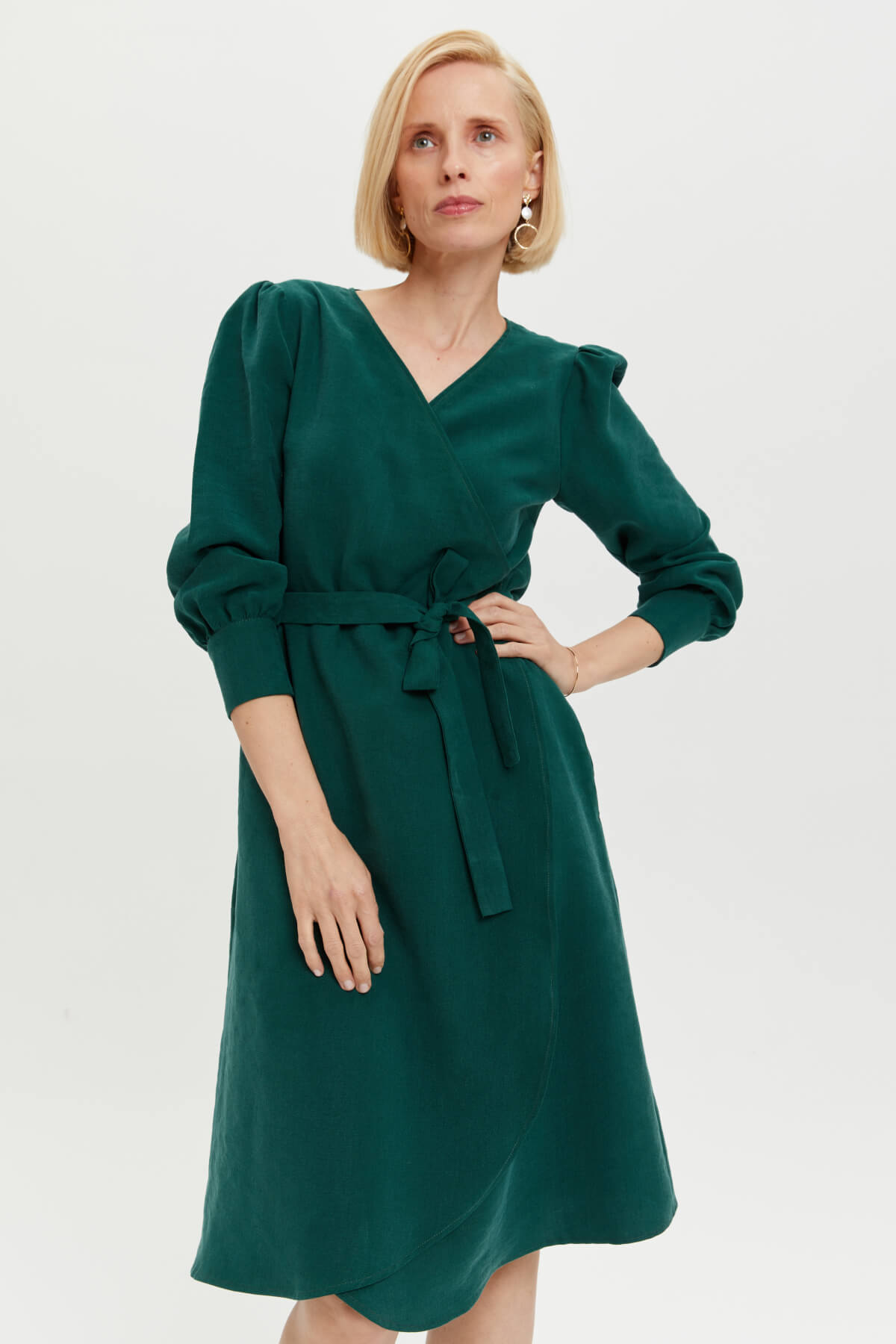 Elegant Wrap Dress SOPHIE with Puff Sleeves in Forest Green AYANI