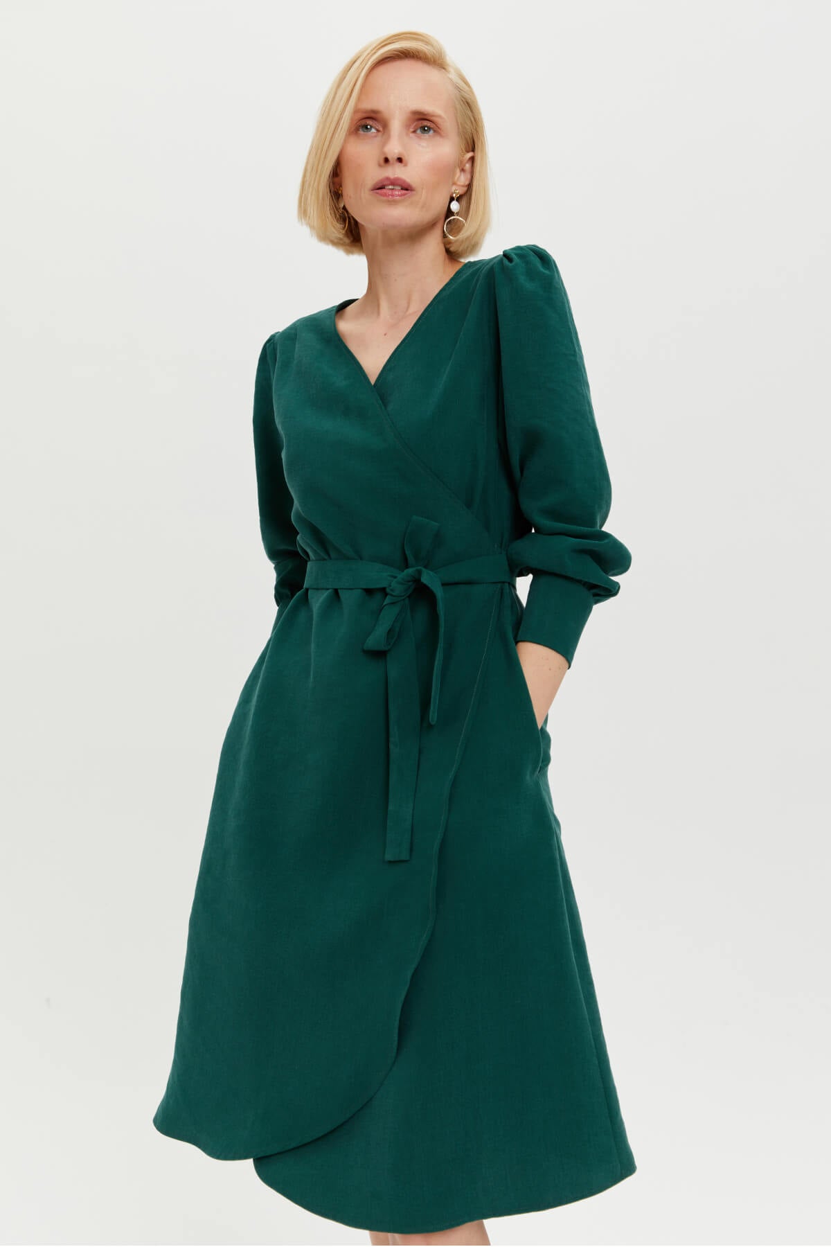 Sophie | Classy Wrap Dress with Puff Sleeves and Tie Waist in Forest Green