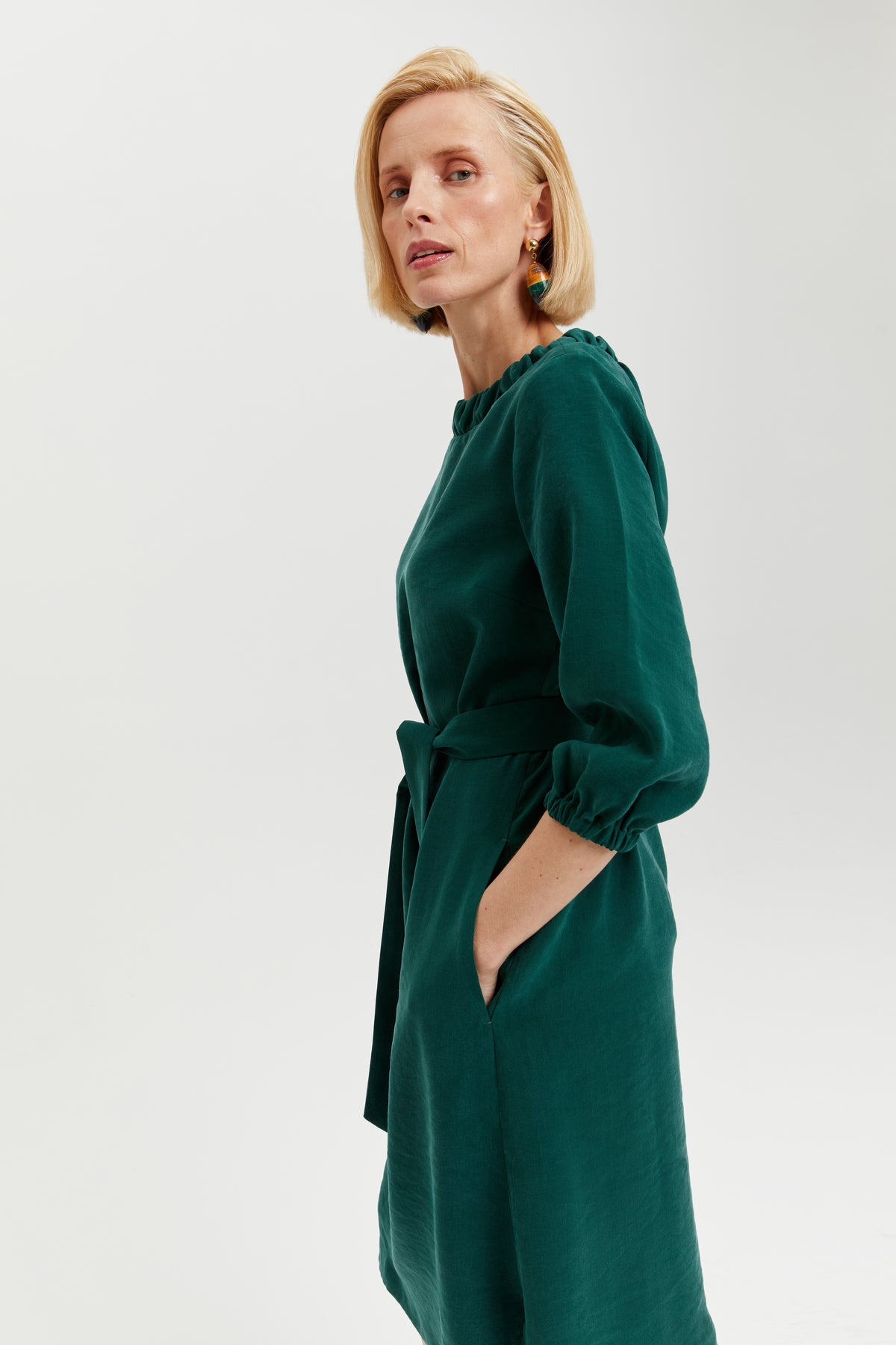 Celine | Elegant Belted Dress with Neckline Element in Forest Green