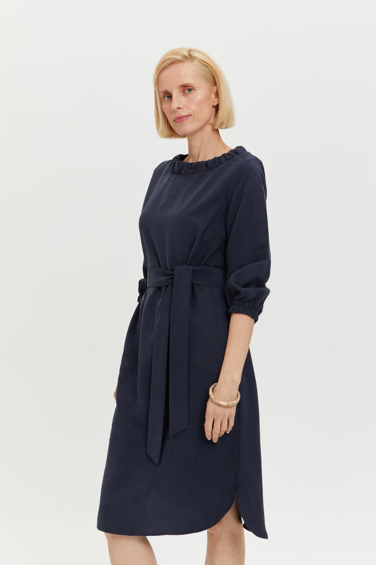Celine | Elegant Belted Dress with Neckline Element in Dark Blue