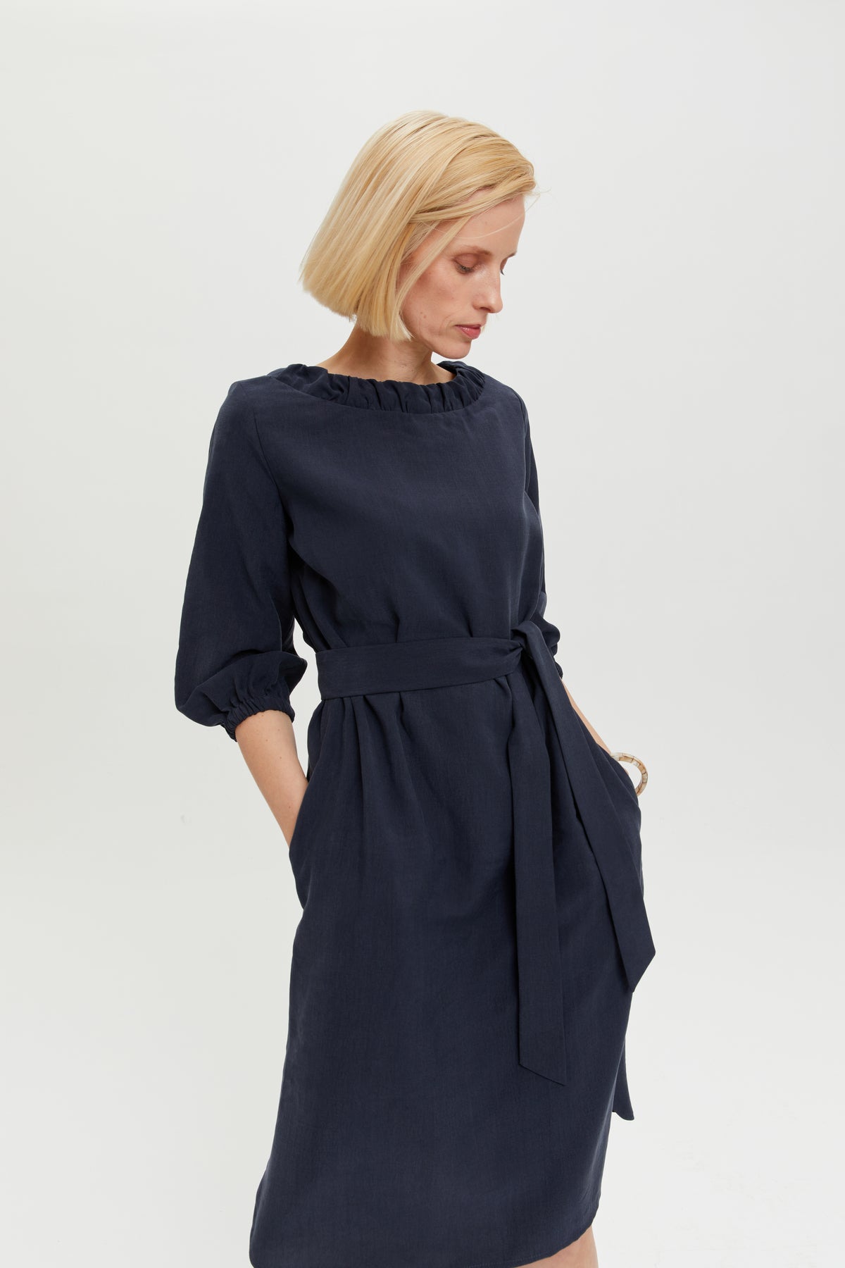 Celine | Elegant Belted Dress with Neckline Element in Dark Blue