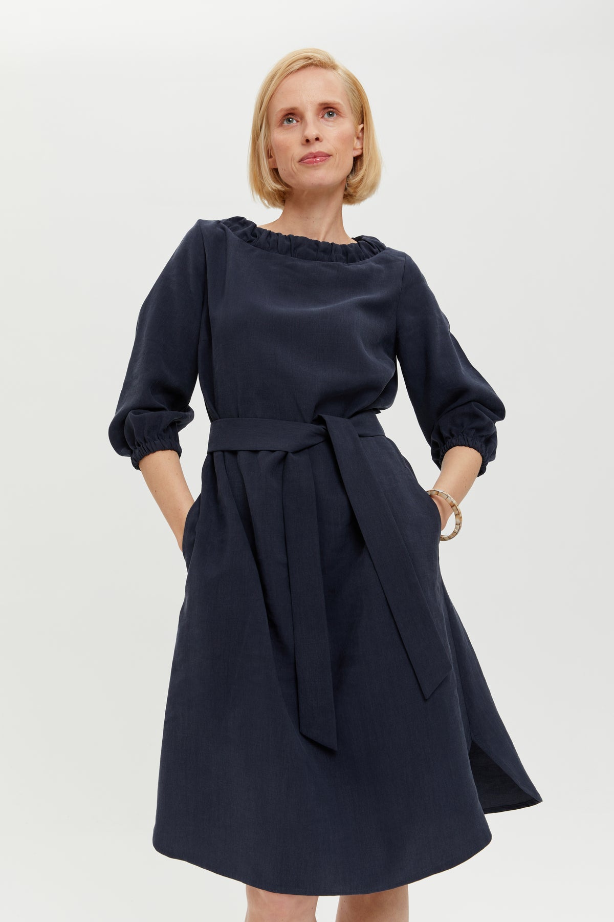 Celine | Elegant Belted Dress with Neckline Element in Dark Blue