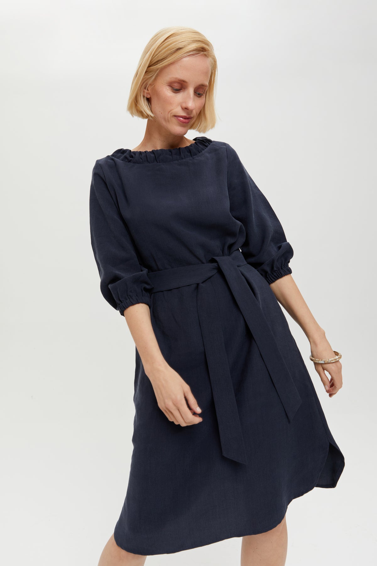 Celine | Elegant Belted Dress with Neckline Element in Dark Blue