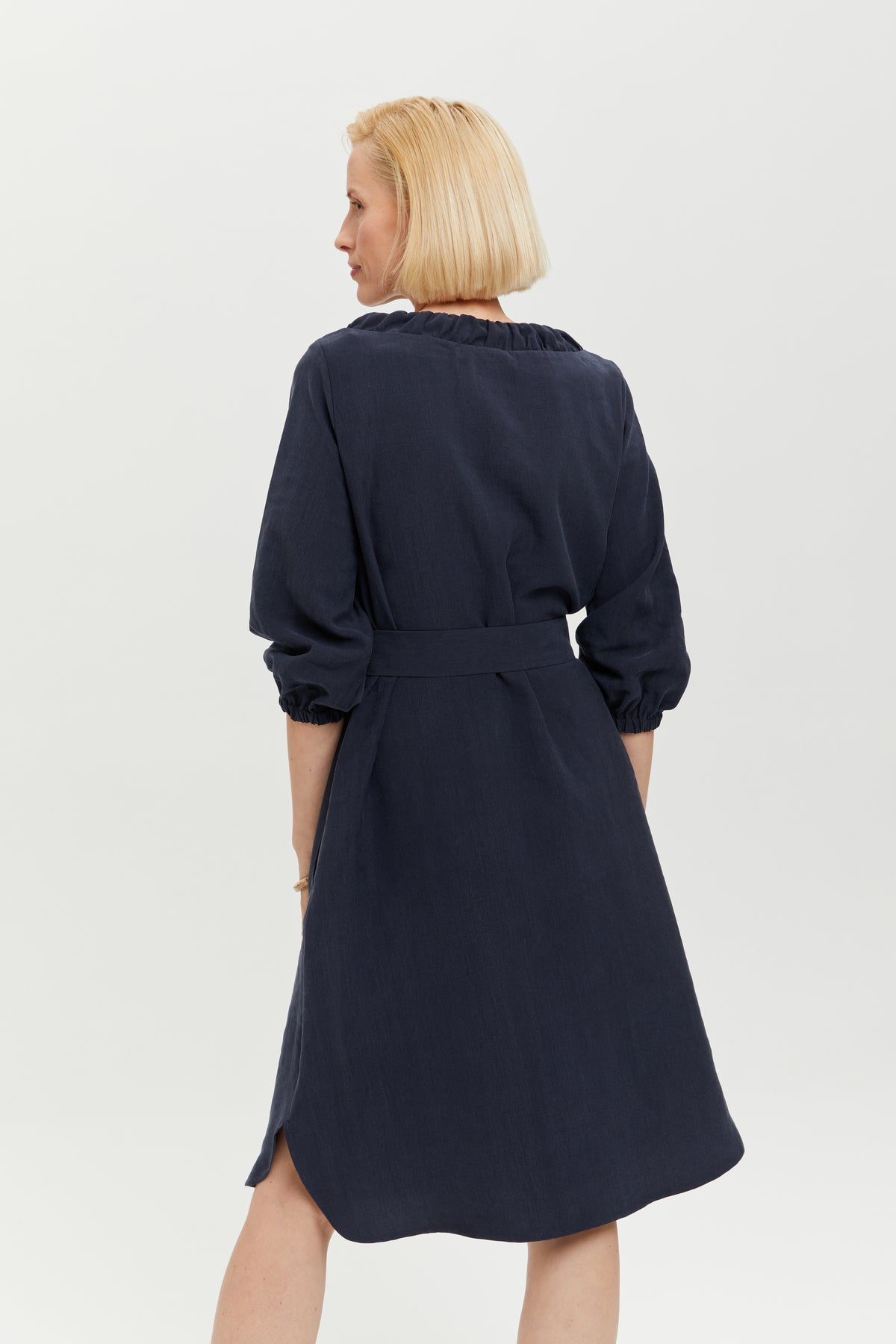 Celine | Elegant Belted Dress with Neckline Element in Dark Blue