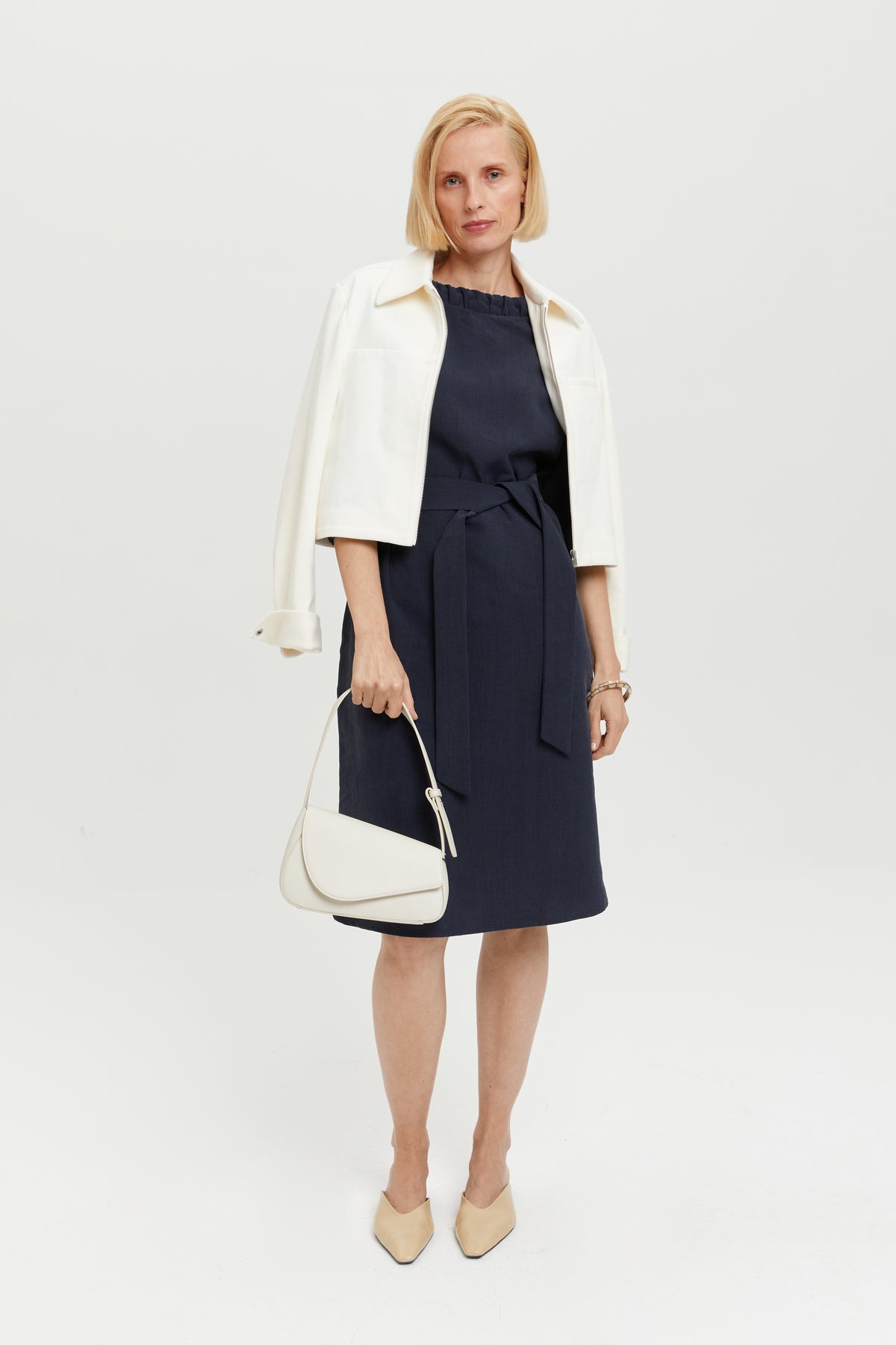 Celine | Elegant Belted Dress with Neckline Element in Dark Blue