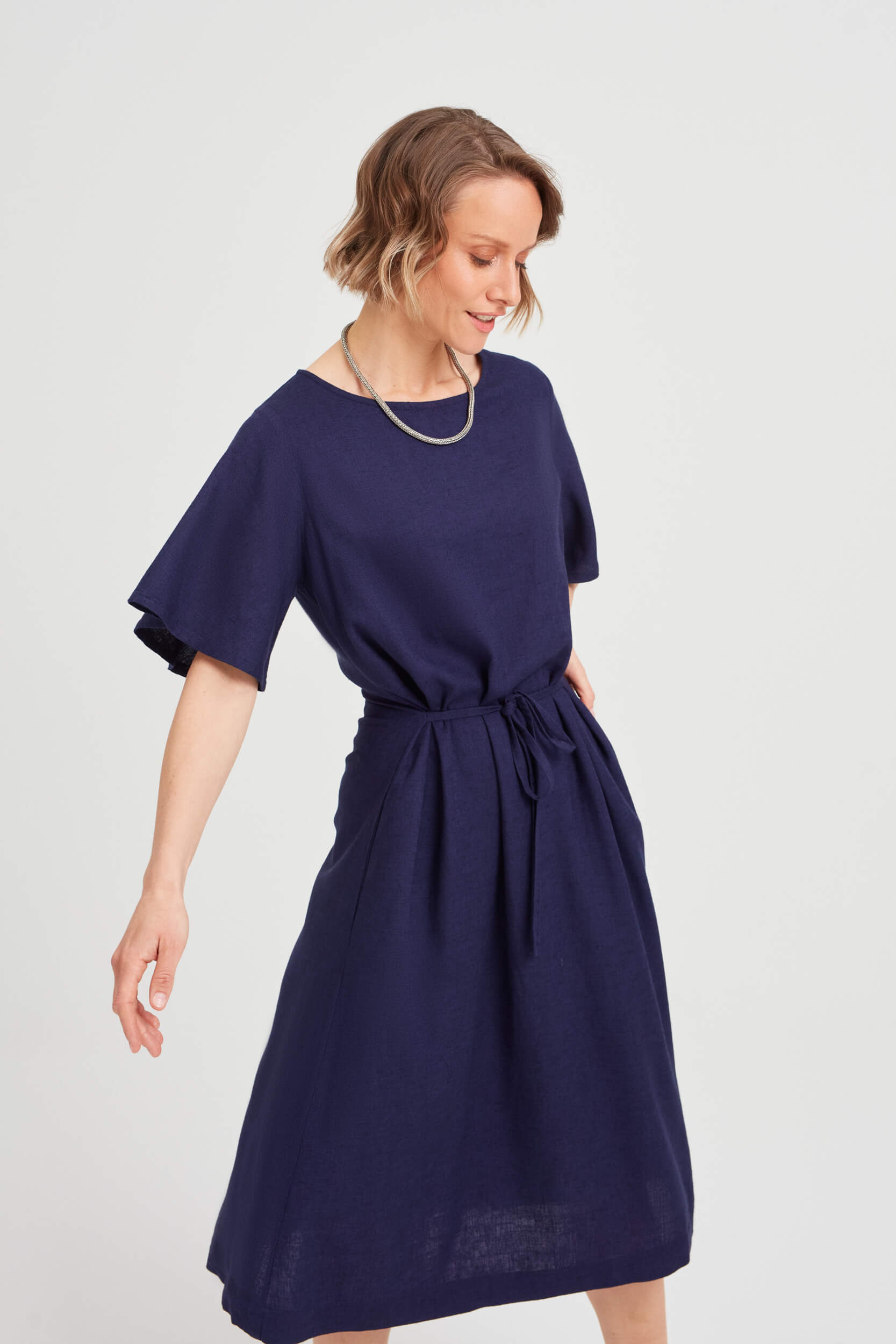 AYANI NIKA Dress navy blue a line dress with sleeves knee length