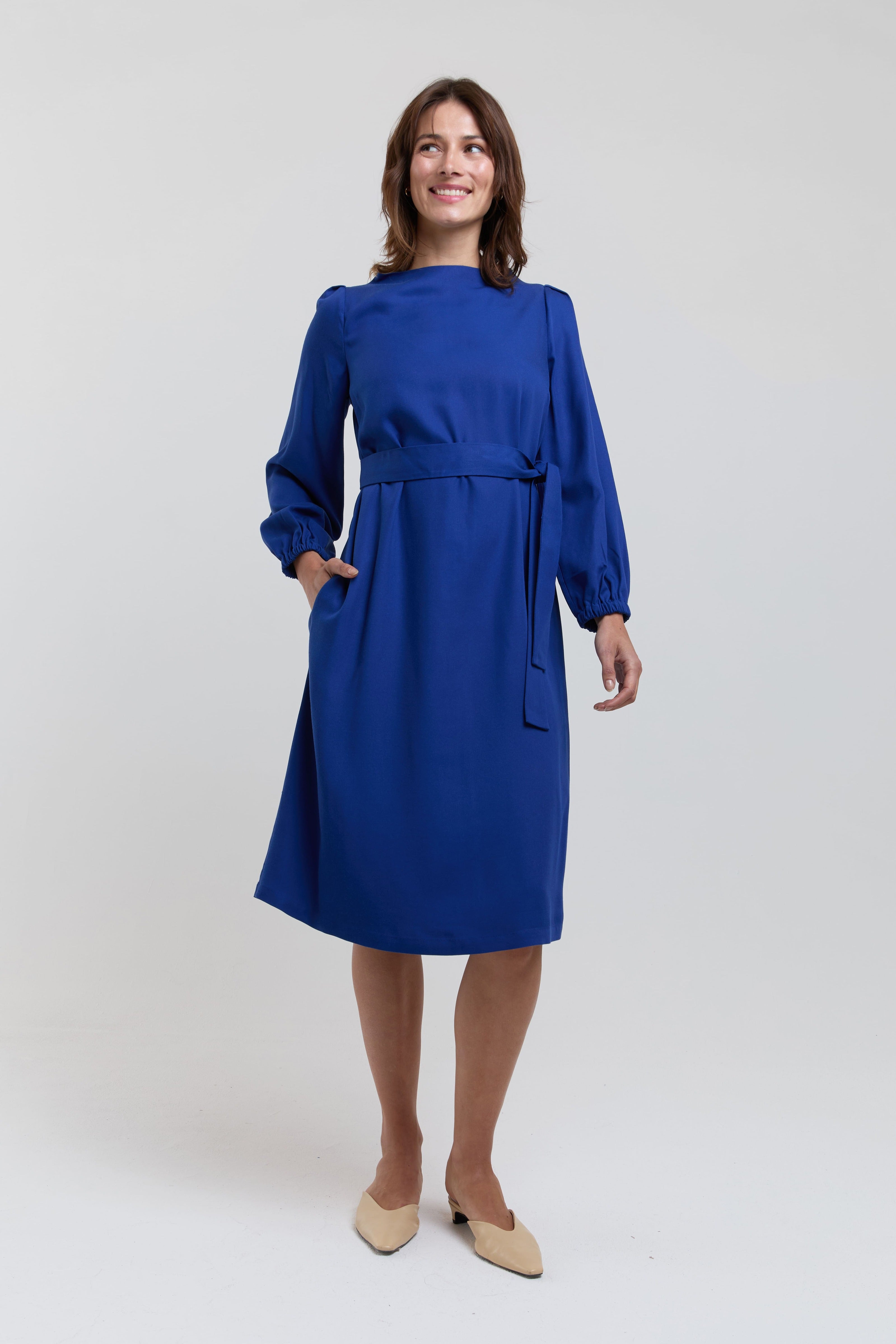 elegant blue dress midi waist tie sustainable fashion women AYANI