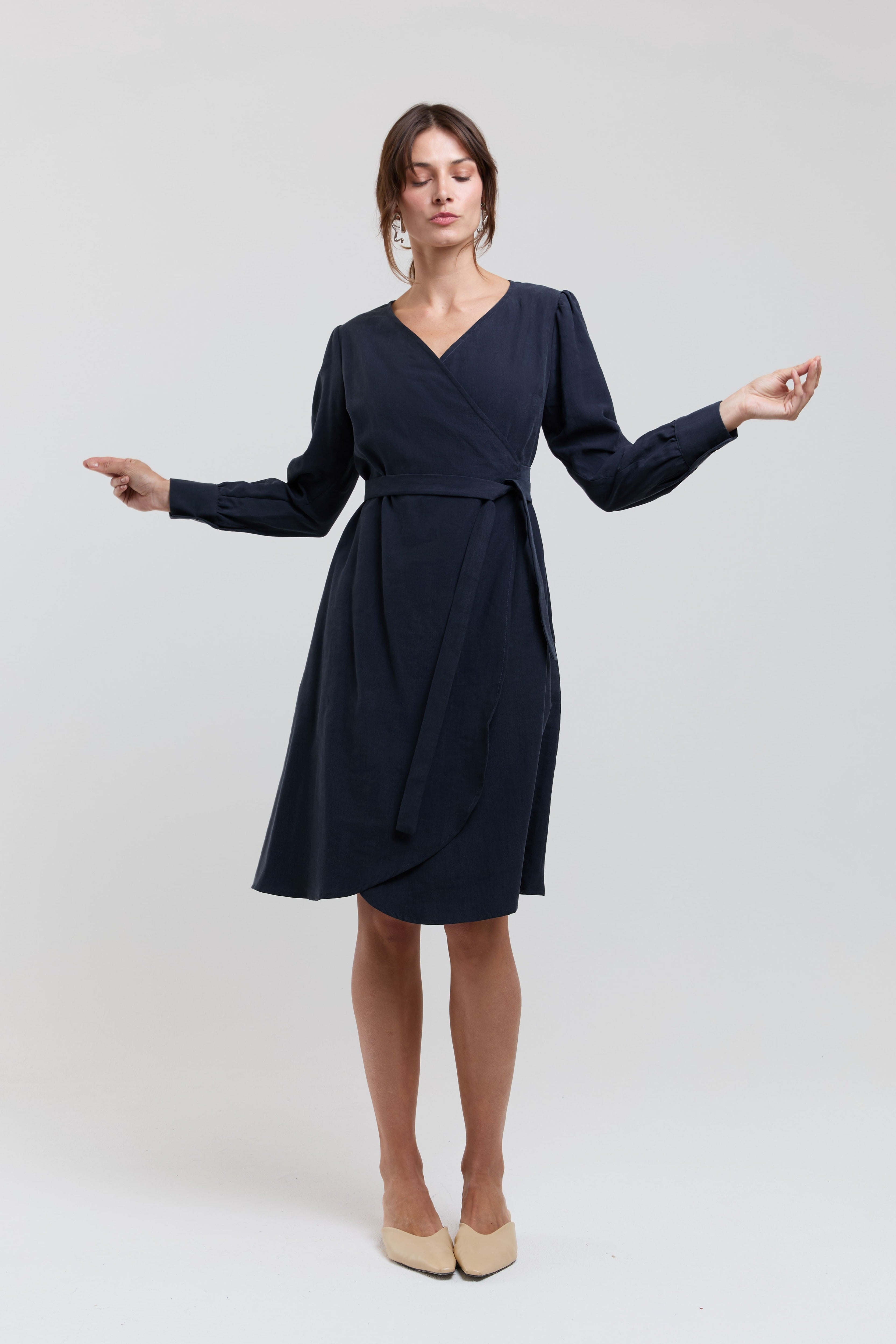 navy blue wrap dress with belt flattering midi dress women