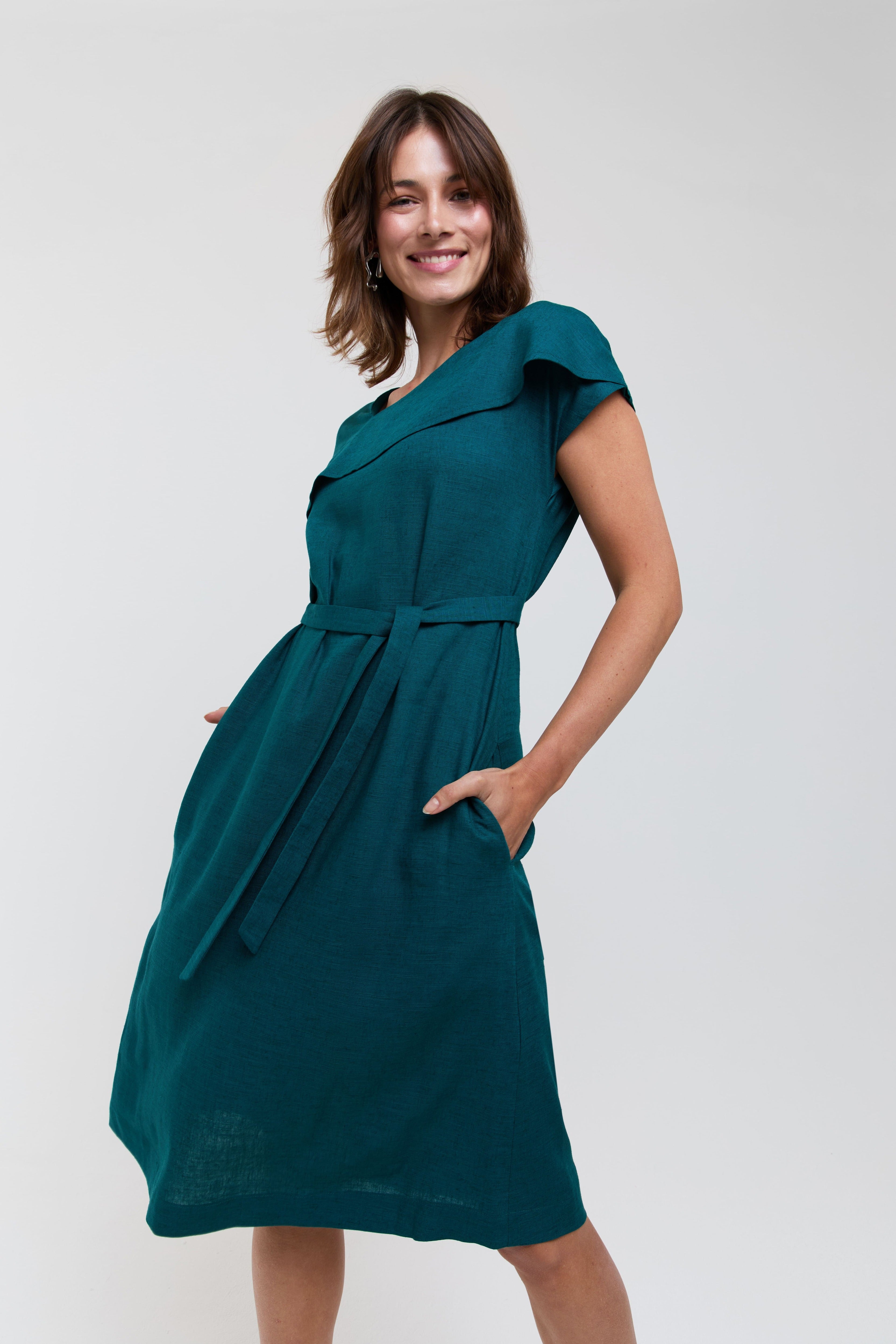 Daniela elegant forest green dress midi sustainable work dress women with pocket from AYANI