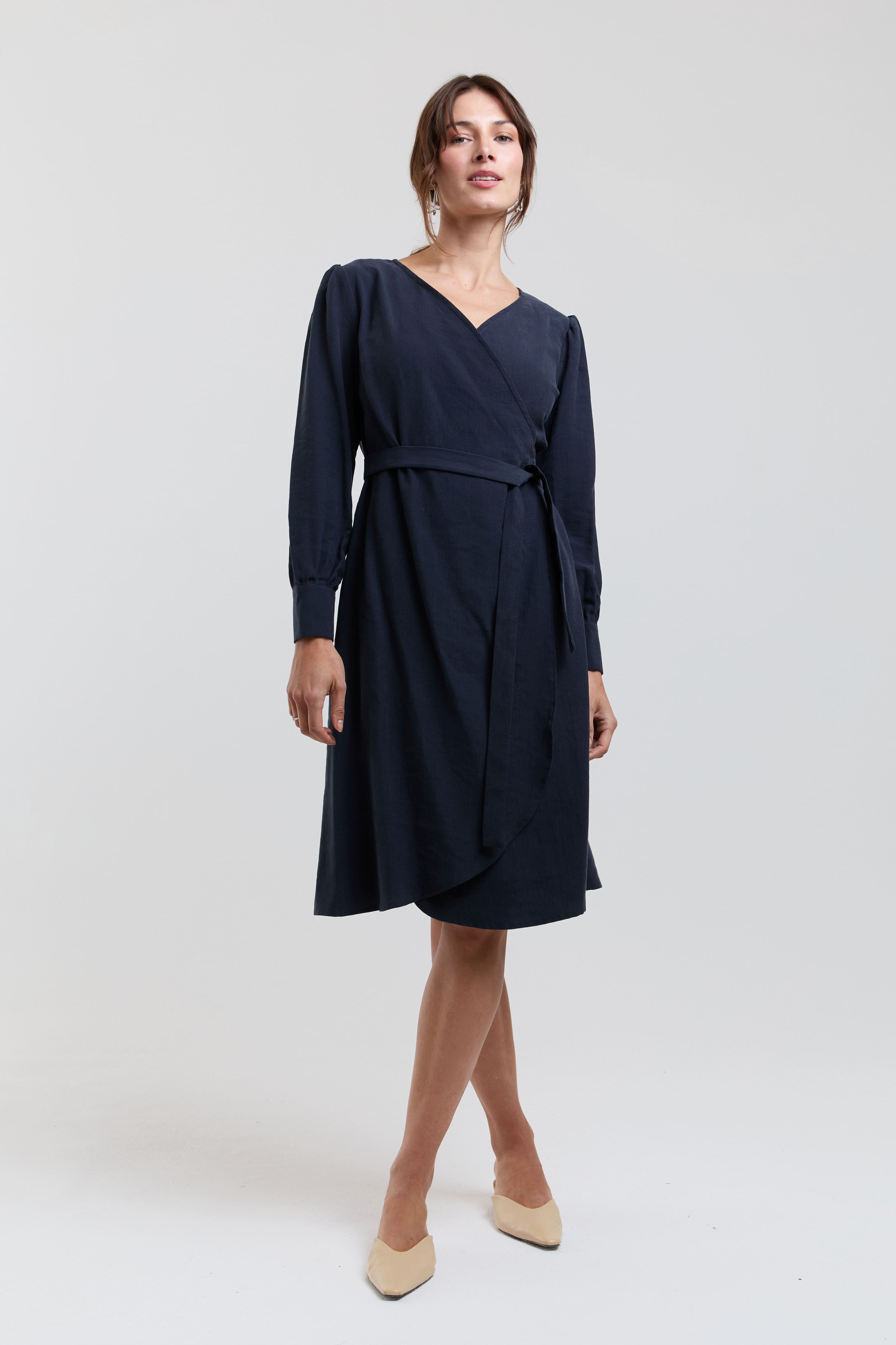 blaues wickelkleid damen midi langarm elegantes bürokleid