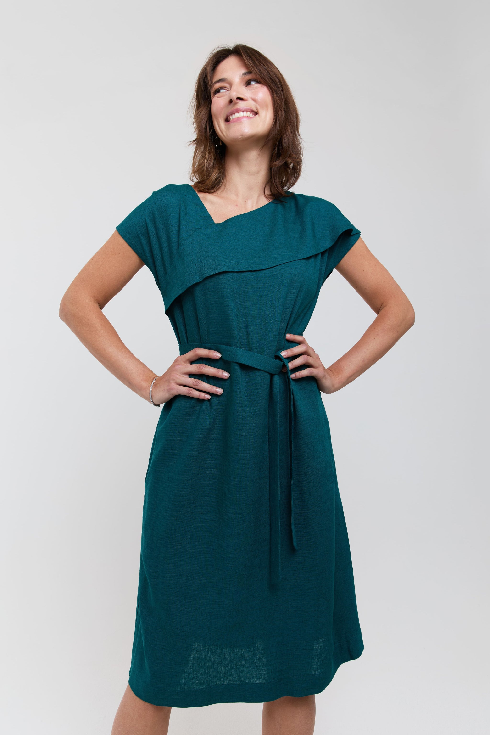 daniela midi dress Green Midi Dress Daniela - Elegant Forest Green Dress with Ruffle Neckline