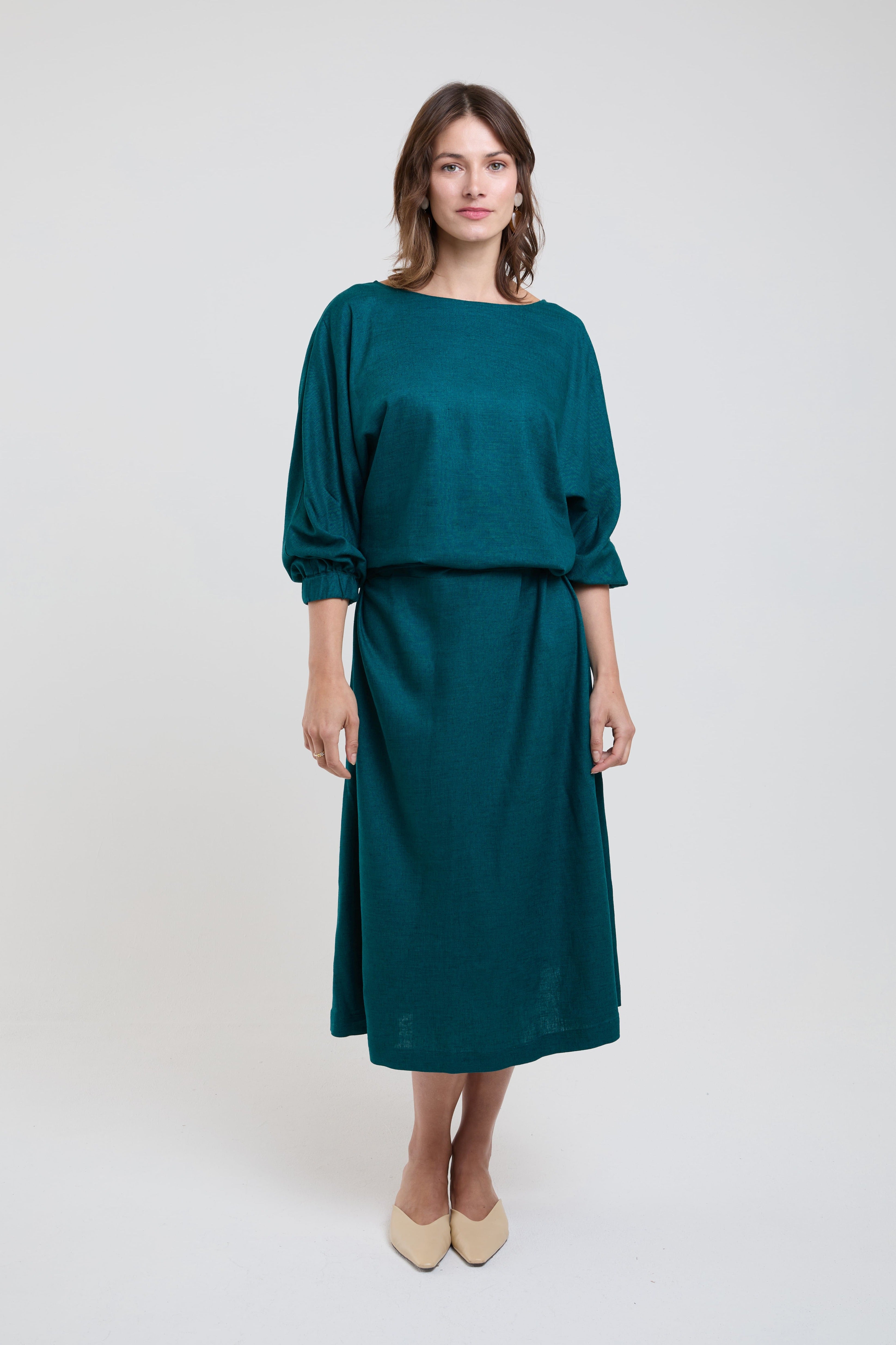 Andrea green midi dress women adjustable waist tie belt batwing sleeves from AYANI
