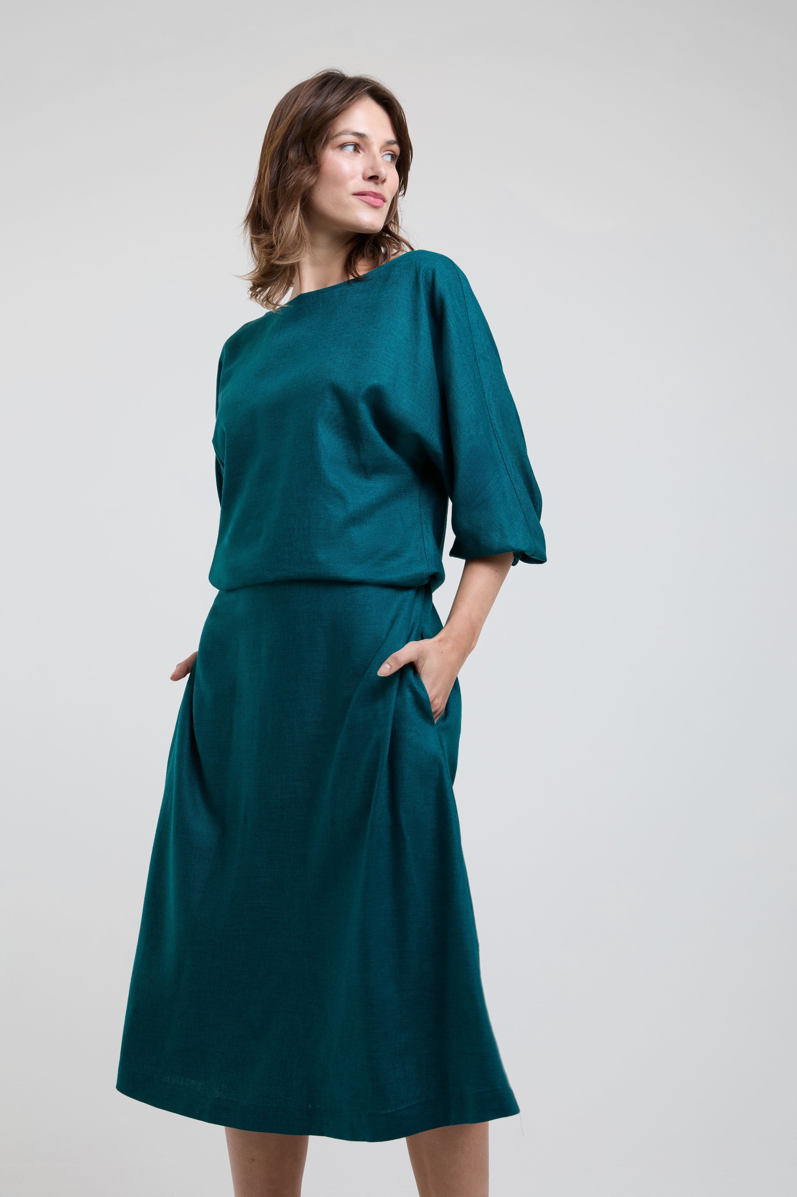 Andrea green dress women midi linen blend breathable summer work dress with pockets