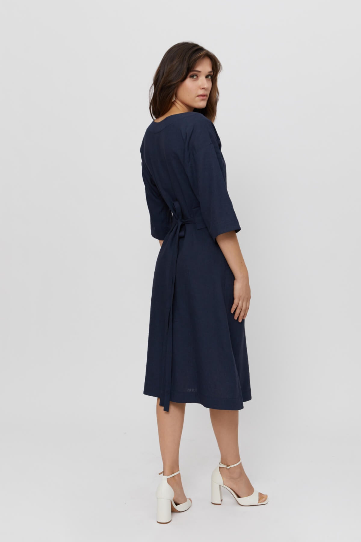 Mane | Elegant Midi Dress with Kimono Belt in Black-Blue