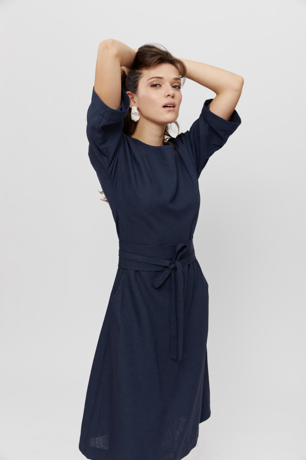 Mane | Elegant Midi Dress with Kimono Belt in Black-Blue