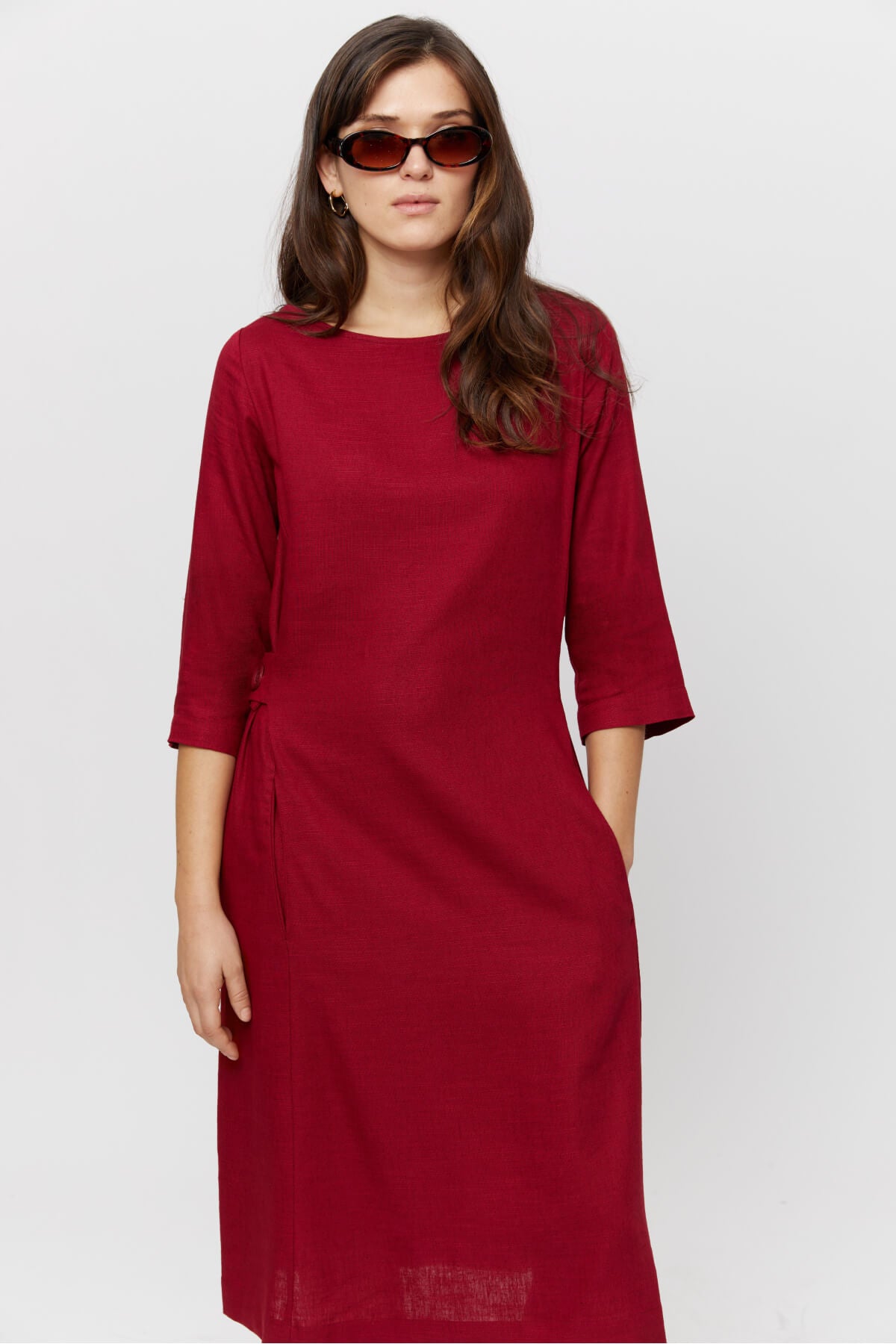 Emilia | Midi A-Linie Kleid mit Leinen in Rot
