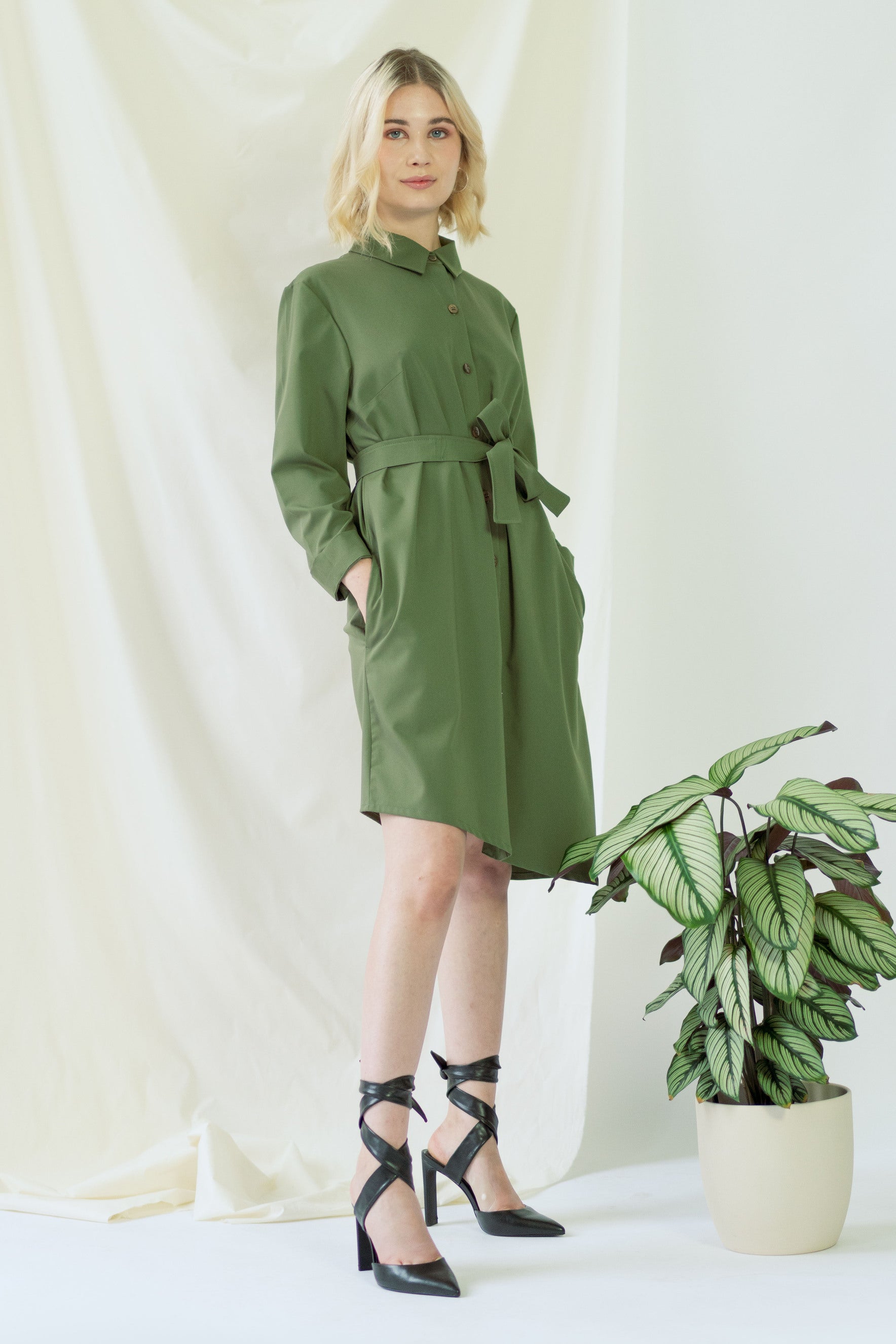 Khaki Langarmes Elegantes Blusenkleid  - AYANI