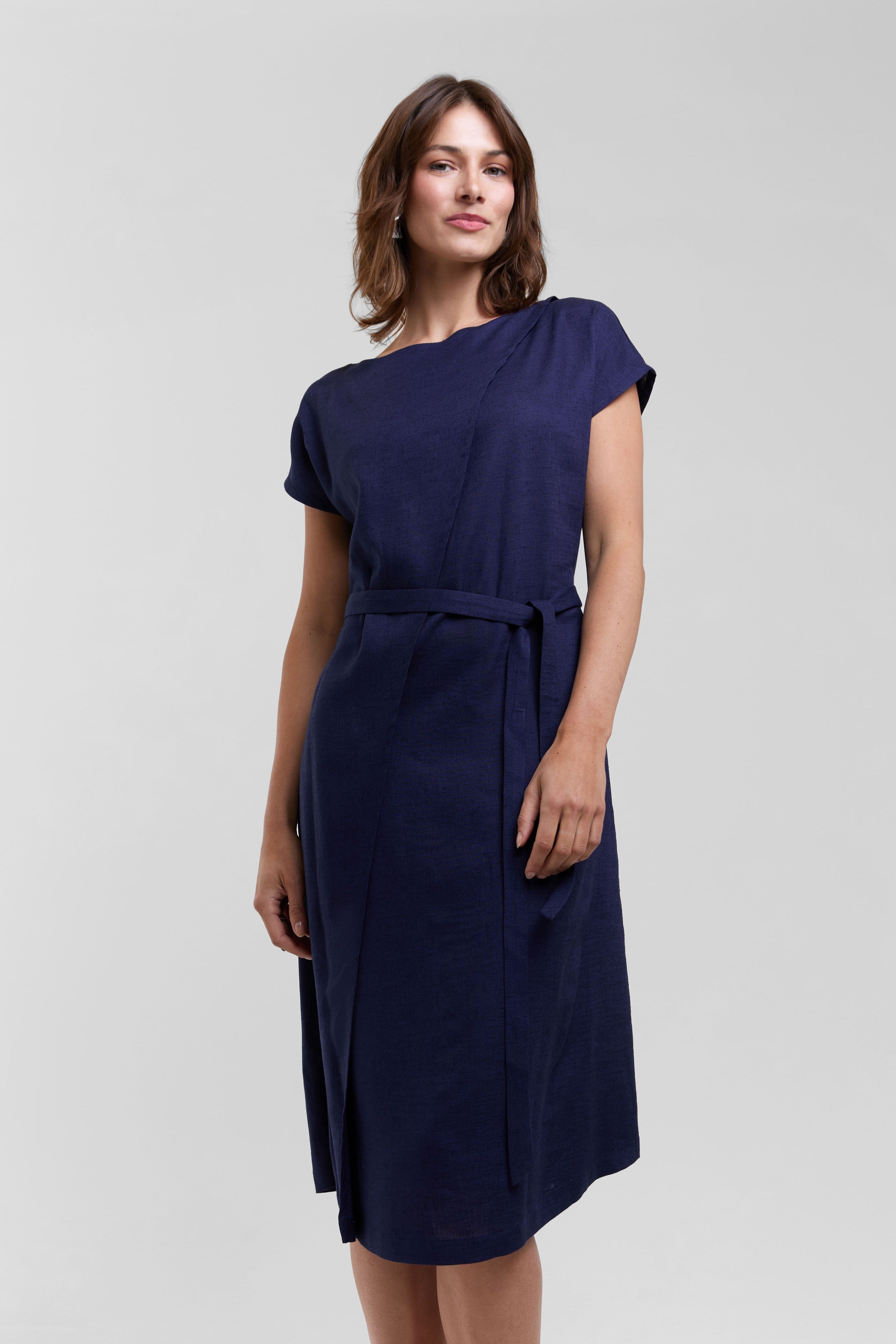 Julia | Elegant Midi Dress with Waist Belts in Dark Blue