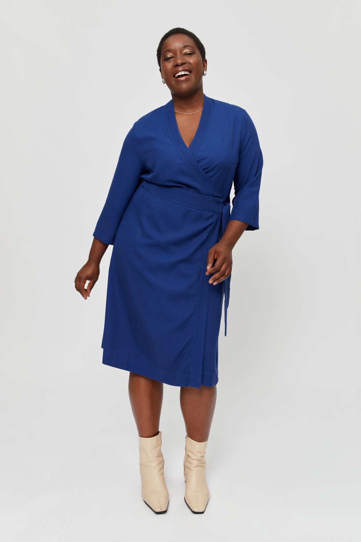 Blue Wrap Dress SANDRA. Midi Formal V Neck Wrap Dress · Cocktail and Evening Wrap Dress  - AYANI